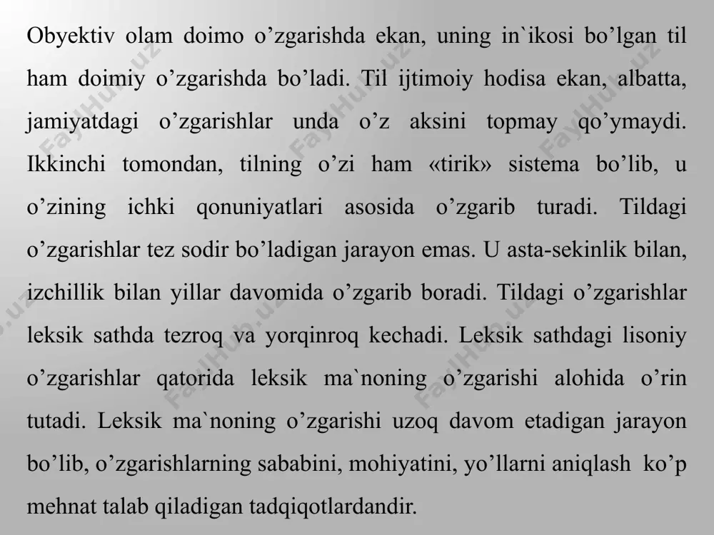 qdoriga, balki so’zlar bildirayotgan ma`nolarning soniga ham bog’liq bo’ladi. til birliklari monosemantik va polisemantik xususiyatlarga ega. monosemantik so’zlar faqat bitta ma`noga ega bo’lgan so’zlardir. masalan, olmosh, ravish, chumchuq kabi so’zlarning ikkinchi ma`nosi yo’q. ­ularni o’rganuvchi leksikologiya bo’limiga monosemiya (yunonsha: monos—bir, sema—belgi so’zlaridan olingan) deb ataladi. birdan ortiq ma`noni anglatuvchi so’zlar polisemantik so’zlar atamasi bilan yuritiladi. tildagi ko’p ma`nolilikka esa polisemiya (yunonsha: polus—ko’p, sema— belgi so’zlaridan olingan) hodisasi deyiladi. masalan: ko’z so’z ma`nolarini analiz qilish orqali shuni kuzatish mumkinki, barcha so’zlar dastlabki bosqichda monosemantik xarakterga ega bo’ladi. ­ulardan muayyan narsa va hodisalarni ifodalash maqsadlarida foydalaniladi. keyinchalik ular boshqa predmet va hodisalarni ifodalash maqsadlari uchun ham ishlatiladi. natijada so’zlarning keyingi ma`nolari kelib chiqadi. polisemiya hodisasi bo’yicha o’zbek tilida 1966 yili t.aliqulov "ot so’z turkumida polisemiya hodisasi" mavzusi bo’yicha nomzodlik ishi qilgan. m.mirtojiyev 1995 yilda "o`zbek tilida polisemiya" nomli monografiyasini nashr ettirgan. ­ularning fikricha, polisemiya hodisasining yuzaga kelishida quyidagi holatlar muhim rol o’ynaydi. …
