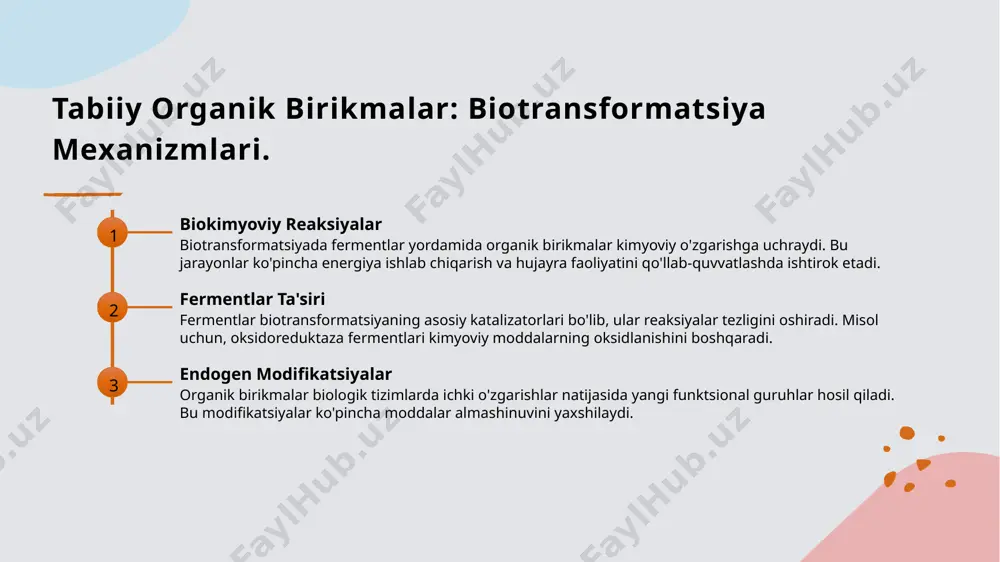 iya va ekologik tozalashda keng qo'llaniladi. biokimyoviy jarayonlarda biotransformatsiyaning roli. 1 biokimyoviy reaktsiyalar biotransformatsiya biologik tizimlarda organik birikmalarni kimyoviy o'zgartirib, metabolizmni optimallashtiradi. bu jarayonlar hayotiy energiya va moddalar almashinuviga yordam beradi. 2 fermentlar roli fermentlar biotransformatsiyada katalizator vazifasini bajaradi. ular kimyoviy reaktsiyalarni tezlashtirib, spesifik substratlar bilan o'zaro ta'sir qiladi va mahsulotlarni hosil qiladi. 3 energiya tejalishi biotransformatsiya jarayonlari energiya samaradorligini oshiradi. bu, o'z navbatida, hujayralar uchun zarur bo'lgan energiya iste'molini kamaytiradi va yashashni ta'minlaydi. uzluksiz biotransformatsiya va evolyutsiya. 01 doimiy o'zgarishlar biotransformatsiya jarayonlari doimiy o'zgarib turadi, bu esa tabiiy organik birikmalarning evolyutsion moslashuviga va yangi biologik vazifalar paydo bo'lishiga olib keladi. 02 genetik moslashuv biotransformatsiya genetik moslashuvni rag'batlantiradi, bu esa organizmlarning yangi sharoitlarga moslashish qobiliyatini oshiradi va biologik xilma-xillikni qo'llab-quvvatlaydi. 03 ekologik ta'sir biotransformatsiya ekologik tizimlarga sezilarli ta'sir ko'rsatadi, bu esa o'simlik va hayvonlarning yashash sharoitlarini va oziq-ovqat zanjirini shakllantiradi. 04 evolyutsion jarayon biotransformatsiya evolyutsiyada muhim rol o'ynaydi, bu esa …