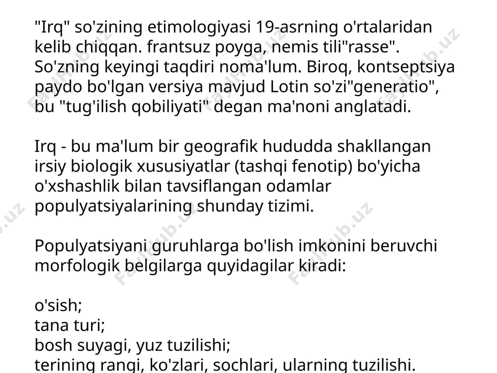a amerikadagi koloniyalar tomonidan erlarni tortib olish uchun mafkuraviy yordam bo'lib xizmat qildi. irqlarning evolutsiyasi molekulyar biologiya va genetika ma'lumotlariga ko'ra, insoniyatning irqlarga bo'linishi taxminan 80 ming yil oldin sodir bo'lgan. birinchidan, ikkita poya paydo bo'ldi: negroid va kavkazoid-mongoloid va bundan 40-45 ming yil oldin proto-kavkazoidlar va proto-mongoloidlarning farqlanishi sodir bo'ldi. olimlarning fikriga ko'ra, irqlarning kelib chiqishi paleolit ​​davridan boshlangan, garchi ommaviy insoniyatning o'zgarishi faqat neolit ​​davridan boshlanadi: aynan shu davrda kavkazoid tipi kristallanadi. migratsiya davrida irqning shakllanish jarayoni davom etgan ibtidoiy odamlar qit'adan qit'aga. shunday qilib, antropologik ma'lumotlar shuni ko'rsatadiki, amerika qit'asiga osiyodan ko'chib kelgan hindlarning ajdodlari hali mo'g'uloidlar bo'lmagan va avstraliyaning birinchi aholisi irqiy "neytral" neoantroplar bo'lgan. bugungi kunda irqlarning kelib chiqishi haqidagi savollar ko'p jihatdan ikkita fanning - antropologiya va genetikaning vakolatiga kiradi. birinchisi, inson suyak qoldiqlariga asoslangan holda, antropologik shakllarning xilma-xilligini ochib beradi, ikkinchisi esa irqiy belgilarning umumiyligi va tegishli genlar to'plami o'rtasidagi munosabatni tushunishga harakat …