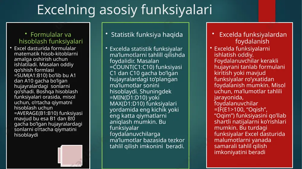 3. excelda "autosum" funksiyasi nima uchun ishlatiladi? a) diagramma tuzish b) filtr qo‘yish c) qator va ustun yig‘indisini hisoblash d) formatlash 4. hujayra mazmunini bir xil hujayralarga ko‘chirish uchun qaysi vosita ishlatiladi? a) filtr b) format painter c) fill handle d) data validation 5. excelning standart fayl kengaytmasi qanday? a) .xls b) .xlsx c) .docx d) .pdf 6. excelda qaysi formula ma'lum bir diapazondagi qiymatlar o‘rtachasini hisoblaydi? a) =avg(a1:a10) b) =average(a1:a10) c) =mean(a1:a10) d) =median(a1:a10) 7. excelda qatorlar va ustunlarning kesishmasida nima joylashadi? a) diagramma b) hujayra c) jadval d) formulalar maydoni 8. diagramma qo'shish uchun qaysi menyudan foydalaniladi? a) home b) insert c) data d) view 9. excelda ma'lumotlarni saralash uchun qanday buyruq ishlatiladi? a) sort b) filter c) order d) align 10. excelda qanday qilib ma'lumotlarni avtomatik to'ldirish amalga oshiriladi? a) copy va paste orqali b) fill handle yordamida c) autofill menyusidan d) data analysis vositasidan 11. excelda …