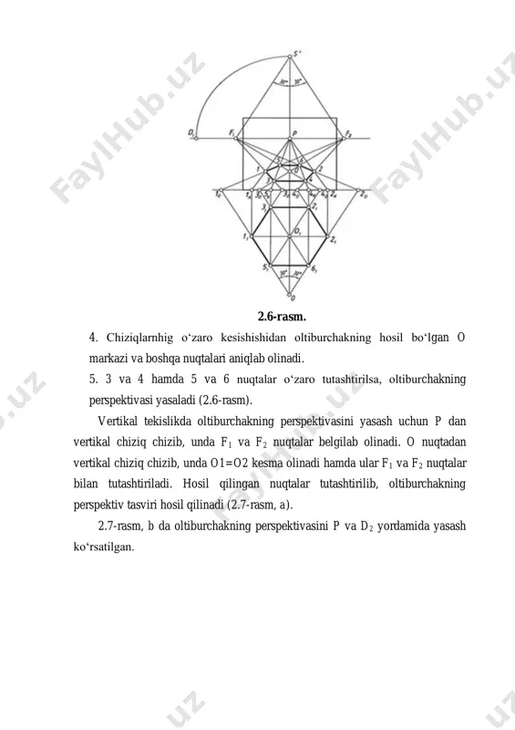 niqlanadi va undan ab ga parallel chiziq chizib, bp da e nuqta topiladi. ae diagonal ham o‘tkaziladi va kvadratning markazi o nuqta belgilanadi. op chiziqda 1 va 2, ufq cizig‘iga parallel bo‘lgan chiziqda 3 va 4 nuqtalar belgilanadi. 1 nuqta orqali 1a yoki 1b radiusda yarimaylana chizilib, yarimkvadrat yasaladi. yarimdiagonallar yarimaylana bilan kesishib, hosil bo‘layotgan nuqtalardan kartina asosiga perpendikular chiziqlar o‘tkaziladi va bu nuqtalar p bilan tutashtiriladi. shunda kvadrat diagotiallarida 5, 6, 7 va 8 nuqtalarning o‘rinlari aniqlanadi. barcha aniqlangan nuqtalar o‘zaro ravon tutashtiriladi 2.9-rasm). 2.8-rasm 2.9-rasm geometrik jismlarning perspektivasi ma’lumki, har qanday geometrik jism (figura) ko‘pyoq bo‘lsa, u uchburchak, to‘rtburchak, oltiburchak kabi tekis shakllardan taslikil topgan bo‘ladi. tekis shakllarning perspektiv tasvirlarini yasash o‘rganib olingan bo‘lib, endi, ko‘pyoqlarning perspektiv tasvirlarini bajarish o‘rganiladi. kubning perspektivasi. h dagi kub ikki yon yoqlari bilan kartinaga parallel va perpendikular joylashgan. uning ustki va ostki asoslari kvadratning perspektivasini yasash kabi bajariladi. ikkala kvadrat tasvirlari burchaklari …
