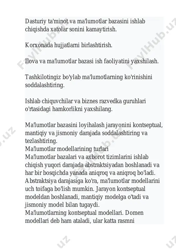 tlar modellari tizim uchun hech qanday texnik talablarni belgilamaydi. agile yoki devops amaliyotlarida bu qadam ko'pincha o'tkazib yuboriladi. mantiqiy ma'lumotlar modellari tabiatan ma'lumotlarga asoslangan loyihalar uchun foydali bo'lishi mumkin. masalan, ma'lumotlar omborini loyihalash yoki hisobot tizimini ishlab chiqish. jismoniy ma'lumotlar modellari ma'lumotlar bazasida ma'lumotlarning qanday saqlanishi haqida rejani taqdim etadi. aslida, bu barcha modellarning eng kam mavhumi. ular relyatsion ma'lumotlar bazasi sifatida amalga oshirilishi mumkin bo'lgan yakuniy dizaynni taklif qiladilar, shu jumladan ob'ektlar o'rtasidagi munosabatlarni aks ettiruvchi assotsiatsiya jadvallari, shuningdek, ma'lumotlarni bog'lash uchun asosiy va tashqi kalitlar. ma'lumotlarni modellashtirish jarayoni ma'lumotlarni modellashtirish ma'lumotlarni ifodalash uchun qanday belgilar ishlatilishi, modellar qanday tuzilganligi va biznes talablari qanday etkazilishi haqida kelishishdan boshlanadi. bu iterativ ravishda bajarilishi kerak bo'lgan bir qator vazifalarni o'z ichiga olgan rasmiylashtirilgan ish jarayoni. jarayonning o'zi odatda quyidagicha ko'rinadi: 1.ob'ektlarni aniqlang. ushbu bosqichda biz modellashtirish kerak bo'lgan ma'lumotlar to'plamida aks ettirilgan ob'ektlar, hodisalar yoki tushunchalarni aniqlaymiz. har bir ob'ekt yaxlit …