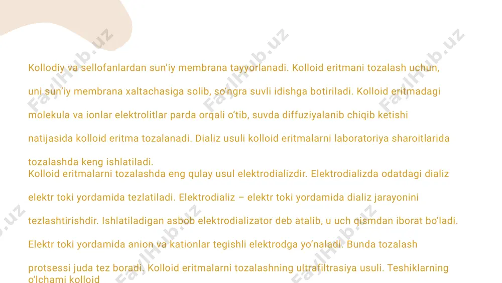 salan, qon zardobidagi oqsillar bilan bog‘lanmagan qand moddasi izotonik tuzli eritmaga qarshi qand qo‘shilgan zardobni dializ qilish bilan aniqlanadi. dializ vaqtida tuzli eritmadagi qand konsеntratsiyasi zardobdagi erkin qand konsеntratsiyasiga tеng bo‘lgandagina o‘zgarmaydi. bu usul tеkshirilayotgan kolloid eritmalardagi moddalarning haqiqiy konsеntratsiyalari haqida ma’lumot olish imkoniyatini bеradi. mazkur usul bilan qondagi erkin glyukoza va mochеvina miqdori aniqlangan. презентации являются средствами коммуникации, которые могут использоваться в качестве лекций, выступлений, докладов и многого другого. в большинстве случаев они представляются перед аудиторией. они многофункциональны, что делает их мощным инструментом убеждения и обучения. kondensatsion usullar. kondensatsion usullar tabiatda keng tarqalgan bo‘lib, asosan ikkiga bo‘linadi fizikaviy va kimyoviy kondensatsion usullari. kondensatsiyalash jarayoni sistemada erkin energiya bilan solishtirma sirtini kamayishi tufayli sodir bo‘ladi. masalan, tashqaridagi namlikni sovishi natijasida suv zarrachalari kondensatsiyalanib, kolloid sistema, tumanni hosil qiladi. rus olimlaridan s.z.roginskiy va a.i.shalnikovlar suyuq dispers muxit va qattiq moddalarni bug‘latib, sovuq sirtda kondensatlash yo‘li bilan kolloid eritmalar hosil qilish asbobini …