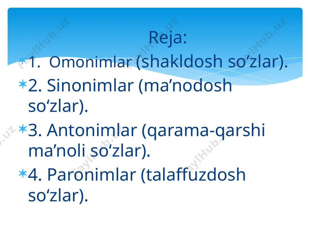 urlicha bo‘lgan so‘zlardir. misollar: - effekt – affekt - transport – transplant paronimlar noto‘g‘ri ishlatish ehtimoli yuqori bo‘lgan so‘zlardir. 4. paronimlar (talaffuzdosh so‘zlar) - leksik paronimlar: yozilishi va talaffuzi o‘xshash, lekin ma’nosi farqli. - grammatik paronimlar: so‘z yasashda o‘xshashliklar (qahramon – qahramonlik). paronimlarning farqlari omonimlar, sinonimlar, antonimlar va paronimlar nutqni boyitadi. adabiy nutqda ularning o‘rni juda muhim. nutq aniq va ta’sirchan bo‘lishi uchun ularni to‘g‘ri ishlatish kerak. so‘zlarning nutqdagi roli - ‘nur’ va ‘nurlantirish’ sinonim emas. - ‘muammo’ va ‘masala’ o‘xshash, lekin sinonim emas. - ‘kuchli’ va ‘zaif’ antonim. tushunchalarni to‘g‘ri farqlash lozim. misollar orqali tushuntirish tilshunoslar leksik birliklarni o‘rganish orqali til rivojini tahlil qilishadi. turli manbalardan so‘zlar kirib kelishi bu tasnifni kengaytiradi. til rivojlanishi va leksik birliklar 1. m. hamroyev. ona tili. toshkent, 2009. 2. a. nurmonov va boshqalar. hozirgi o‘zbek adabiy tili. ‘sharq’, toshkent, 2002. 3. h.a. jamolxonov. hozirgi o‘zbek adabiy tili. toshkent, 2004. 4. b. mingliyev. o‘zbek …