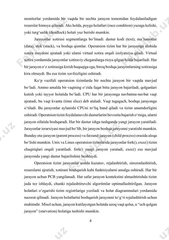a muddatli, o‘rta muddatli va uzoq muddatli rejalashtirish. qisqa muddatli rejalashtirish eng ko‘p ishlatiladigan rejalashtirish bo‘lib, u bajarilish uchun tayyor holatda turgan jarayonlardan birini tanlaydi va cpuni unga ajratadi. bu rejalashtiruvchi cpu rejalashtiruvchisi deb ataladi. u millisekundlar ichida ish ko‘radi va har bir kontekst almashinuvida faollashadi. o‘rta muddatli rejalashtirish esa asosiy xotiradan tashqariga chiqarilgan (swap qilingan) jarayonlarni qaytadan asosiy xotiraga kiritish yoki ularni vaqtincha chiqarib yuborish bilan shug‘ullanadi. u resurslarni tejash va xotira balansini saqlash uchun zarur bo‘ladi. uzoq muddatli rejalashtirish yangi yaratilgan jarayonlardan qaysi biri bajarilish uchun asosiy xotiraga kiritilishini belgilaydi. bu rejalashtirish orqali tizimga bir vaqtning o‘zida qancha jarayon kirishi mumkinligi nazorat qilinadi. rejalashtirishning o‘zi esa turli xil algoritmlar asosida ishlaydi. eng sodda algoritmlardan biri – fcfs (first-come, first-served), ya’ni birinchi kelgan birinchi bajariladi. bu usulda jarayonlar navbatda turgan tartibda, hech qanday ustuvorliksiz cpu vaqtini oladi. fcfs oddiy va adolatli ko‘rinadi, ammo ba’zan samaradorlikni pasaytiradi. chunki uzun davom …