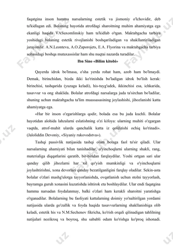 tishga o'rganadilar. bolalarning bu faoliyati kattalarning doimiy yo'naltirilgan yordami natijasida ularda go'zallik va foyda haqida tasavvurlarning shakllanishiga olib keladi, estetik his va n.m.sechenov fikricha, ko'rish orqali qilinadigan tahlilning natijalari nozikroq va boyroq, shu sababli odam ko'rishga ko'proq ishonadi. bunday fikr haqqoniy, lekin yangi ob'ektni idrok qilishda, predmet xususiyatini idrok qilishda, uning natijalariga birgina ko'z bilan ko'rish yetarli emas. bolalar psixologiyasida atrofni idrok etish jarayonida his etish va ko'rishning o'zaro munosabatlarning rivojlanish muammosi alohida ahamiyat kasb etadi. bu muammoga v.i.zinchenko va a.g.rudskoy ishlari bag'ishlangan, bunda ular maktabgacha bolalikning turli bosqichlarida qo'l va ko'zning bilish funksiyalarini o'rganadilar. psixologlar (l.a.venger, n.v.venger, a.v.zaporojes, m.i.lisina va boshqalar) bir qancha analizatorlarning birlashishi tasavvurlarining aniqlashuviga yordam beradi, deb hisoblaydi. shuning uchun har tomonlama kuzatishga, predmetni faqat ko'rish orqaligina emas, balki boshqa analizatorlar orqali ham ko'zdan kechirib chiqishga imkon berish kerak. ko'pincha ko'rishda his etish yordamga chaqiriladi. faqat ba'zi vaqtlarda, ya'ni predmetni qo'lga olib bo'lmaydigan paytda, muzkur hisni …