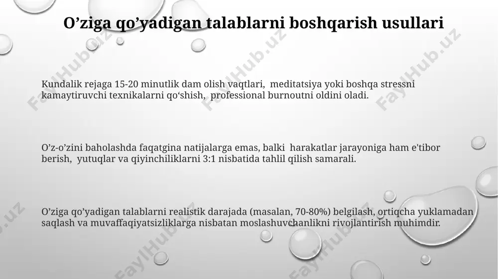 al zo’riqishi 30% ga yaqinini tashkil etadi, bu esa stress va professional burnout xavfini oshiradi. o’qituvchining o’quvchilar bilan o’zaro munosabatlarida individual yondashuv o’quv samaradorligini 15-20% ga oshirishi mumkin. muvaffaqiyatli pedagogik faoliyat uchun o’qituvchining 5 dan ortiq turdagi kommunikativ ko’nikmalarga ega bo’lishi, jumladan, empatiya va motivatsiya qobiliyatlari zarur. o’ziga qo’yadigan talablar va kasbiy qoniqish o’qituvchining o’ziga qo’yadigan talablari bilan uning kasbiy qoniqishi o'rtasida ijobiy, ammo chiziqli bo'lmagan bog'liqlik kuzatiladi: ortiqcha talablar stress va qoniqishning pasayishiga olib kelishi mumkin. pedagogik kompetensiyaning 3 asosiy komponenti (didaktik, kommunikativ va shaxsiy) yuqori darajadagi o'ziga talab qo'yish bilan kasbiy qoniqishning o'sishini ta'minlaydi. o’ziga yuqori talab qo’yadigan o’qituvchilarning 70% dan ortig’i kasbiy faoliyatdan yuqori darajada qoniqish his qilishini ko'rsatuvchi tadqiqotlar mavjud. o’qituvchining stressga chidamliligi stressga chidamlilikni oshirish uchun o'qituvchilar kundalik hayotlarida kamida 30 daqiqa jismoniy mashqlar bilan shug'ullanishi va sog'lom turmush tarzini o'rnatishi tavsiya etiladi. o'qituvchining stressga chidamliligi, uning emotsional intellekti darajasi bilan bog'liq bo'lib, yuqori emotsional …