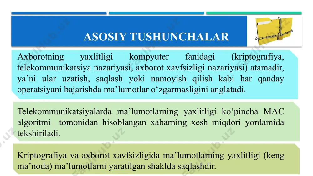 juftlaridan hujumchi faqat ma’lumotni o‘zgartirishi mumkin bo‘ladi va bu holat qabul qiluvchi tomonidan osonlik bilan aniqlanadi. ochiq kalitli shifrlash algoritmlari asosida ma’lumot yaxlitligini tekshirish va rad-etishdan himoyalash “elektron raqamli imzo (eri) — elektron hujjatdagi mazkur elektron hujjat axborotini elektron raqamli imzoning yopiq kalitidan foydalangan holda, maxsus o‘zgartirish natijasida hosil qilingan, hamda elektron raqamli imzoning ochiq kaliti yordamida elektron hujjatdagi axborotda xatolik yo‘qligini aniqlash va elektron raqamli imzo yopiq kalitining egasini identifikatsiya qilish imkoniyatini beradigan imzo”. axborot xavfsizligida rad etish muammosi mavjud, unga ko‘ra foydalanuvchi hujjatni imzolaganini rad etadi (ya’ni, men imzolamadim deb turib oladi). mazkur muammoni oldini olishda aynan elektron raqamli imzo(eri) tizimlaridan foydalaniladi. shunday qilib, eri tizimlari nafaqat ma’lumot yaxlitligini ta’minlaydi, balki imzolovchining majburiyatlardan tonishiga yo‘l qo‘ymaydi (yoki rad etishni oldini oladi). shu sababli, eri tizimlari ma’lumotlar yaxlitligini ta’minlovchi simmetrik kriptotizimlarga asoslangan mac tizimlaridan ajralib turadi. mac tizimlarida xesh qiymatni qayta hisoblay olmaslik uchun, matnga kalit biriktirilgan bo‘lsa, eri …