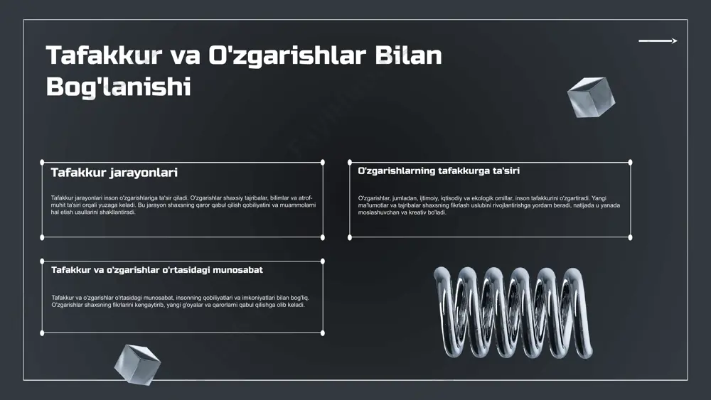 ologik maslahatlarda hissiy intellektni oshirishda, ijtimoiy nazariyalar esa jamoaviy loyihalarda ishtirok etishda qo‘llanilishi mumkin. tafakkur va psixologik rivojlanish o'rtasidagi bog'lanish tafakkur va psixologik rivojlanish o'rtasida chuqur bog'lanish mavjud. o'ylash jarayoni psixologik rivojlanishga ta'sir ko'rsatadi, chunki fikrlash usullari shaxsning hissiy va kognitiv rivojlanishiga ta'sir qiladi. psixologik nazariyalar, masalan, piagetning rivojlanish nazariyasi, fikrlash jarayonining bolalar rivojlanishidagi o'rnini ta'kidlaydi. fikrlash va rivojlanish o'rtasidagi o'zaro ta'sirlar misollar bilan, masalan, bolalarning muammolarni hal qilishda rivojlanishi va statistik ma'lumotlar bilan ko'rsatilishi mumkin. tafakkur va o'zgarishlar: psixologik asoslar tafakkur va o'zgarishlar o'rtasidagi bog'lanish tafakkur jarayoni inson o'zgarishlariga ta'sir ko'rsatadi. o'zgarishlar, asosan, fikrlar va qarorlar orqali boshqariladi. rivojlanish jarayonida tafakkurning roli tafakkur, rivojlanish jarayonida muhim rol o'ynaydi. psixologik nazariyalar, o'zgarishlarni qanday boshqarishni tushunishga yordam beradi. tafakkur: kognitiv jarayonlar va rivojlanish kognitiv jarayonlar kognitiv jarayonlar, insonning bilish qobiliyatini, xususan, xotira, e'tibor va fikrlashni o'z ichiga oladi. bu jarayonlar rivojlanishning asosiy tarkibiy qismlaridan biridir. rivojlanishning psixologik nazariyalaridagi o'rni rivojlanish jarayonida …