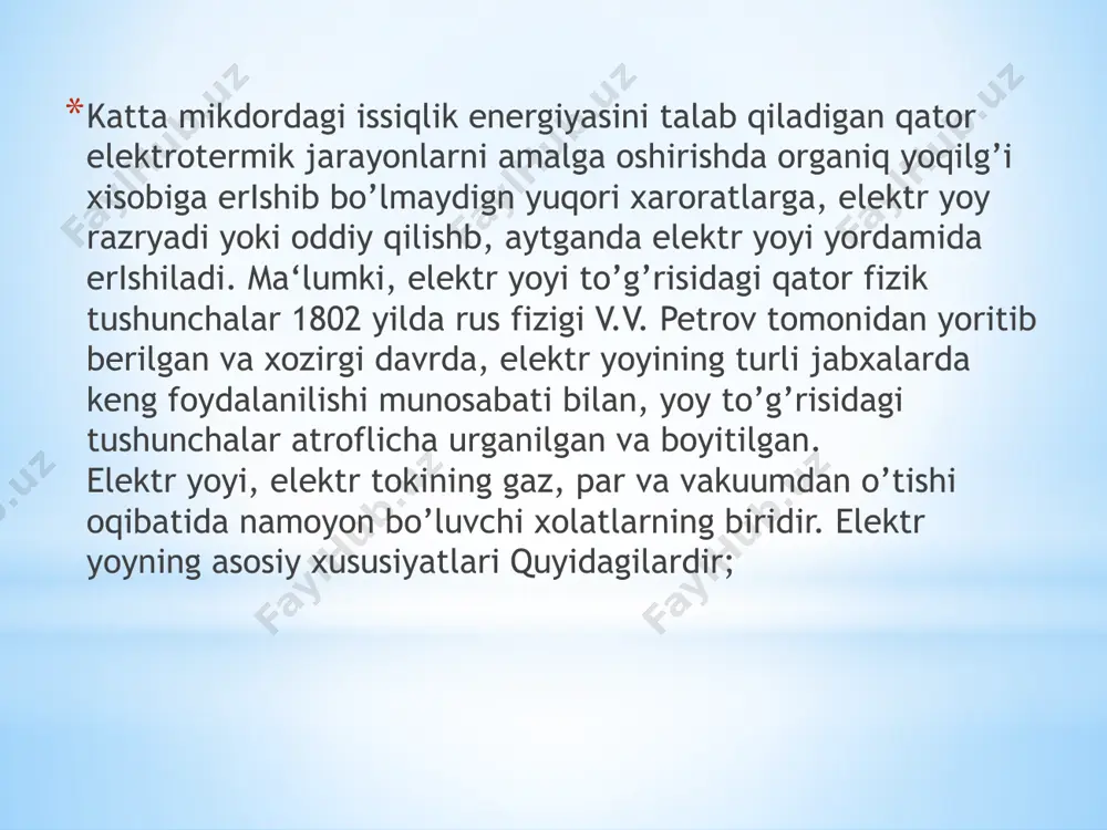lari (eyop) metallurgiya, kimyo, mashinasozlik va sanoatning boshqa jabxalarida kullaniladi. ular kuyidagi turlarga bo’linadilar: 1. bilvosita ishlovchi eyop lari - ularda elektr yoyi issiqlik ishlovi berilayotgan (eritilayotgan) metall ustida joylashgan elektrodlar o’rtasida xosil qilishnadi va bunda elektr yoyi va metall o’rtasidagi issiqlik almashuvi - nurli issiqlik almashuvi usuli orqali amalga oshiriladi. 2. bevosita ishlovchi eyop lari - ularda elektr yoyi elektrodlar uchi bilan metall o’rtasida yonadi va bunda yoydagi issiqlik metallga nurli issiqlik almashuvi, konvektsiya va issiqlik utkazuvchanlik orqali uzatiladi. 3. qarshilik elektr yoy pechlari - bunday pechlarda yoy elektr utkazuvchan shixta qatlami ostida yonadi, bunda issiqlik qisman yoy razryadida va qisman shixta orqali tok okib o’tishi oqibatida eritilayotgan materialda ajralib chikadi va pech xajmiga uzatilayotgan issiqlik utkazuvchanlik, nurli issiqlik almashuvi va qisman konvektsiya usullarida amalga oshiriladi. 4. vakuum yoy pechlari - ularda elektr yoyi inert gazlarda yoki elektrod va suyuq metall vannasi o’rtasida kichik bosim ostida eritilgan material (metall) …