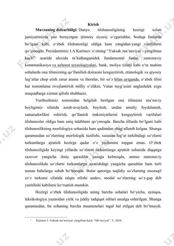 qaraganda qiyinroq kechadi. muammoning o‘rganilganlik darajasi boshqa tillarda bo‘lgani kabi o‘zbek tilshunosligida ham ot tarkibidagi so‘zlar bajarayotgan vazifalariga ko‘ra an’anaviy ravishda mustaqil so‘z turkumlari, yordamchi so‘z turkumlari deb keyinchalik esa ular mustaqil, yordamchi va alohida so‘z turkumlari sifatida, hatto mustaqil, yordamchi va oraliq so‘z turkumlari deb talqin etila boshlandi. zamonaviy tilshunoslikda esa so‘zlarni turkumlarga ajratish sintaktik ma’noviy va morfologik nuqtai nazardan tadqiq etilmoqda. garchi ushbu mavzu tilshunoslar tomonidan atroflicha o‘rganilgan bo‘lsa-da ularda hanuzga qadar bir to‘xtamga kelinmaganligining guvohi bo‘lamiz. tilimizning lug‘at tarkibida o‘zimizniki bo‘lgan so‘zlardan tashqari boshqa tillardan o‘zlashgan so‘zlar ham mavjud. bu tabiiy holdir. chunki o‘zbеk xalqi o‘z tarixining turli davrlarida boshqa xalqlar bilan iqtisodiy, madaniy, siyosiy aloqada bo‘lib kеlgan. mana shu aloqa-aralashuv natijasi o‘laroq tilimizga boshqa tillardan so‘zlar kirib, o‘zlashib kеtgan. shu nuqtai nazardan adabiy til so‘zarini tarixiy kеlib chiqishiga ko‘ra ikki guruhga ajratish mumkin: 1. o‘z qatlam so‘zari. 2. o‘zlashgan qatlam so‘zari. o‘z qatlam so‘zari. o‘z qatlamga …