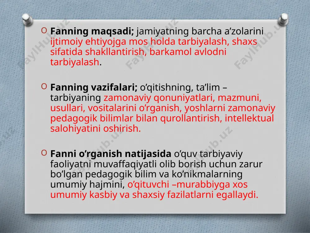 lаrining hаm hаl etilishi аlоhidа urg`u bеrilаdi. uchinchi bоsqch (2005 vа undаn kеyingi yillаr) to`plаngаn tаjribаni tаhlil etish vа umumlаshtirish аsоsidа, mаmlаkаtni ijtimоiy-iqtisоdiy rivоjlаntirish istiqbоllаrigа muvоfiq kаdrlаr tаyyorlаsh tizimini tаkоmillаshtirish vа yanаdа rivоjlаntirish. o’zbekiston respublikasida uzluksiz ta’lim quyidagi ko’rinishlarda amalga oshirilib kelinmoqda. 1. maktabgacha ta’lim; 2. umumiy o’rta ta’lim; 3. kasb-hunar ta’limi, akademik litsey; 4. oliy ta’ lim; 5. oliy o’quv yurtidan keyingi ta’lim; 6. kadrlarni qayta tayyorlash va ularning malakasini oshirish; 7. maktabdan tashqari ta’lim. pedagogikaning metodlari. pedagogik muammolarni hal qilishda turli-tuman tadqiqot metodlari mavjud. metod lotincha-mitodos-yo‘l so‘zidan olingan. ilmiy-pedagogik tadqiqot metodlaridan biror pedagogik muammoni hal qilish maqsadida talaba, o‘qituvchi-tarbiyachi, aspirant-tadqiqotchi va ilmiy xodimlar foydalanadilar. ilmiy izlanishning dastlabki debochasi adabiyotlarni o‘rganib, tahlil qilishdan boshlanadi. adabiyotlarni o‘rganish yurtboshisi prezident asarlari, tadqiqot mavzusiga doir darslik, monografiya, risola va maholalar, tadqiqot mavzusiga doir pedagogik-psixologik tadqiqotlar, dissertatsiyalar o‘rganiladi. kuzatish metodi. kuzatish adabiyotlarni o‘rganishdan keyin boshlanadi. kuzatishda tadqiqotchi biror maqsadni ko‘zda tutib tashkil etadi. …