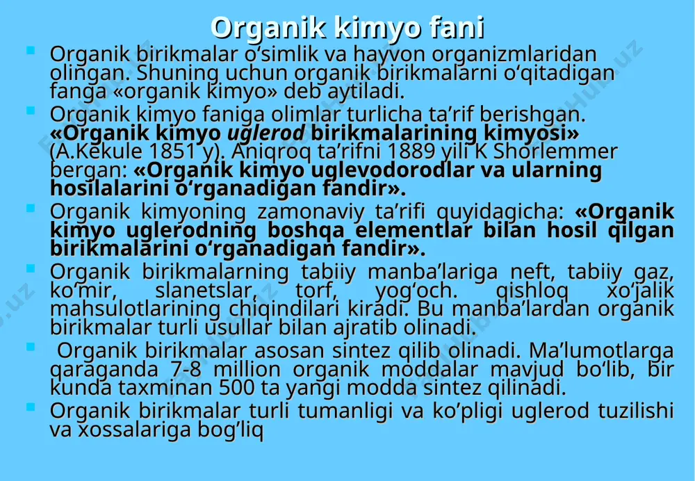 serin yog`lardan olindi. xix asr boshlarida organik moddalarning tabiati hali tushunarli emas edi. 1784 yili a. lavuaz'e vino spirti, moylar, mumlarni yoqib ulardan hosil bo`lgan karbonat angidridi va suv miqdorini o`lchadi va tarkibini aniqladi. lavuaz'e o`sha paytda organik moddalar murakkab radikallarning kislorod bilan birikishidan hosil bo`ladi deb fikr yurgizardi. gey-lyussak, tenar, bertselius va ayniqsa libihning taxliliy ishlari organik moddalar tarkibini va undagi elementlar nisbatini aniqlashga imkon berdi. organik kimyo nazariy tushunchalarini rivojlanishi radikallar nazariyasi: berselius noorganik birikmalarning kimyoviy bog‘larini elektrokimyoviy nazariyasini yaratgan. bu nazariyaga asosan hamma birikmalar qarama-qarshi ionlardan tashkil topgan va ular o‘zaro elektrostatik tortilib turadi. organik birikmalarda ionlarning o‘rnida radikallar bo‘lib, bu radikallar reaksiyalarda bir moddadan ikkinchisiga o‘zgarmasdan o‘tadi. m-n: c6h5-cooh, c6h5-cho, c6 h5-сoсl. keyinchalik radikallar nazariyasi inqirozga uchradi, ya’ni organik birikmalarning vodorodi o‘rniga xlor va boshqa guruhlarni almashtirish aniqlandi (metalepsiya). m-n: ch3н  ch3сl 1838 yilda dyuma ch3cooh dan ccl3coh oldi va uning fizik xossalaridagi ayrim o`zgarishlarini …