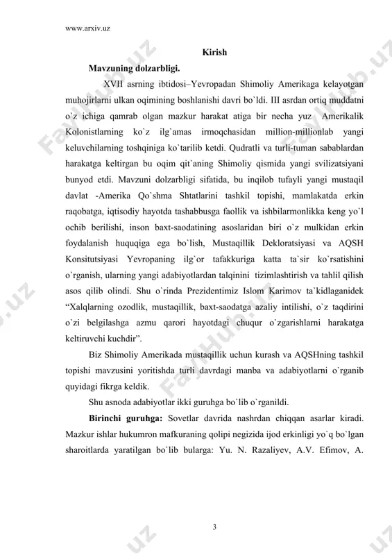 nbalardagi talqini tahlil qilib o`rganish asos qilib olindi. ishning yuqoridagi qayd etilgan maqsadlaridan kelib chiqqan holda, bitiruv malakaviy ishda quyidagilar asosiy vazifalar mavzusida belgilab olindi: ishning yuqoridagi qayd etilgan maqsadlardan kelib chiqqan holdi, bitiriuv malakaviy ishda quyidagilar asoiy vazifalar mavzusida belgilab olindi: shimoiy amerikani yevropa davlatlari tomonidan mustamlakga aylantirilishini tahlil qilish. -mustamlakalarning mustaqillik uchun olib borgan kurashlarini yoritib berish. -amerika qо`shma shtatlarini tashkil topishi va birinchi konstitusiyani qabul qilishini yoritib berish. bitiruv malakaviy ishini ilmiy yangiligi ushbu bitiruv malakaviy ishining ilmiy yangiligi avvalo shundan iboratki, mazkur mavzu ilk bor bitiruv malakaviy ishi siftida ilmiy adabiyotlar bilan qiyosiy tahlil qilish asosida izchil tadqiq etildi. biz ilmiy taomilga ilk bor olib kirayotgan faktik materiallar va turli xorijiy manbalar va adabiyotlarga tayangan holda o`z fikr mulohazalarimizni bildirishga harakat qildik. shimoiy amerikani yevropa davlatlari tomоnidan mustamlakaga aylantirilishi tarixini yangi manba va adabiyotlar yordamida yoritib berildi. мustamlakalarning mustaqillik uchun kurashi tahlil qilindi. amerika qo`shma shtatlarinining …