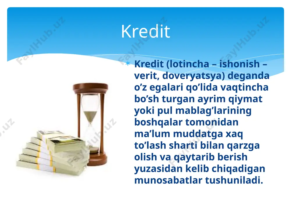 ste’molni qondirishga xizmat qiladi. xalqaro kredit • bu muddatli, qaytimli va foiz to‘lash shartlari bilan bir mamlakatdagi kreditor tomonidan ikkinchi mamlakatdagi qarz oluvchiga pul yoki tovar shaklida beriladigan qarz, shuningdek, chet el obligatsiyalari, chet el korxonalarining aksiyalari va boshqa qimmatli qog‘ozlariga foyda olish maqsadlarida qo‘yiladigan kapital. sudxo‘rlik krediti • bu kreditning o‘ziga xos shakli. xorijda kreditning bu ko‘rinishi tarixan keng tarqalgan. amalda bu kredit shakli markaziy bank tomonidan tegishli litsenziyaga ega bo‘lmagan jismoniy shaxslar, shuningdek, xo‘jalik yurituvchi subyektlar tomonidan mablag‘larni vaqtincha foydalanish uchun berish yo‘li bilan amalga oshiriladi. sudxo‘rlik krediti ssuda foizining yuqori stavkasi bilan tavsiflanadi (120-180%). davlatning iqtisodiy siyosatidagi o`zgarishlar. iqtisodiy inqirozlar. millliy va jahon bozori konyukturalaridagi davriy tebranishlar. davlatning jamiyat hayotidagi ro`lining o`sib borishi, uning iqtisodiy va ijtimoiy vazifalari kengayishi. budjet taqchilligi sabablari: budjet taqchilligini qoplash (moliyalashtirish) manbalari: 1 davlat ichki qarzi - bu davlatning mamklakat ichida zayomlar va boshqa qimmatli qog`ozlarni chiqarish , turli nobudjet fondlari (sug`urta …