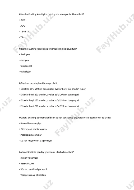'iz orqali htt dan 2 soat keyin 7,8 mmol / l dan ortiq. - och qoringa 6,1 mmol / l gacha, og'iz orqali htt dan 2 soat keyin 11,1 mmol / l gacha + och qoringa 6,1 mmol / l dan ortiq, og'iz orqali htt dan 2 soat keyin 11,1 mmol / l dan ortiq - och qoringa 7,0 mmol / l gacha, og'iz orqali htt dan 2 soat keyin 7,8 mmol / l dan ortiq. #ogtt uchun kontrendikatsiyalar quyidagilardir: - o'tkir kasallik fonida amalga oshiriladi - glyukokortikoidlarni qabul qilish fonida ushlab turish - kontratseptiv vositalarni qabul qilish fonida ushlab turish + yuqoridagilarning barchasi # 1-toifa qandli diabetning kompleks terapiyasida foydalanilmaydi: - parhez terapiyasi va jismoniy mashqlar - insulin terapiyasi + sekretsiya stimulyatorlari - o'rganish va o'z-o'zini nazorat qilish #bemorning ovqatlanishidagi kaloriya miqdorini belgilovchi omillarga 1-toifa diabetga quyidagilar kiradi: - iste'mol qilingan uglevodlar miqdori - haqiqiy tana vazni - yoshi, …