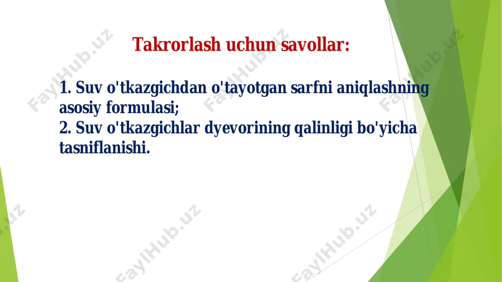 gonal suv o'tkazgichlar v.a.bolshakov h 6,0 )185,07,0(42,0  h m  poligonal to'rtburchak shakldagi suv o'tkazgich kirish qismi aylana shakldagi shakldagi suv o'tkazgich hh  25,0          h m 185,07,044.0 2) trapetseideal kesimli: );;( /// ss h fm   trapetseidal kesimli suv o'tkazgich /sctg  //// sctg  /s //s past devorli suv o'tkazgichlar 25,0  h cю c h b h m   0 0   s 1 2 3 5 10 b 2,9 2,81 2,79 2,77 2,72 c 0,27 0,21 0,2 0,17 0,09 past devorli suv o'tkazgichlar o'rta devorli suv o'tkazgichlar 32  h cю 5,0 h  m=0,445 25,0  h  0 25,4 1 h m    agar agar //s /s sarf koeffitsiyentini aniqlash jadvali baland dyevorli suv o'tkazgichlar 5,0 h  m=0,445 25,0  h  0 25,4 1 h m  …