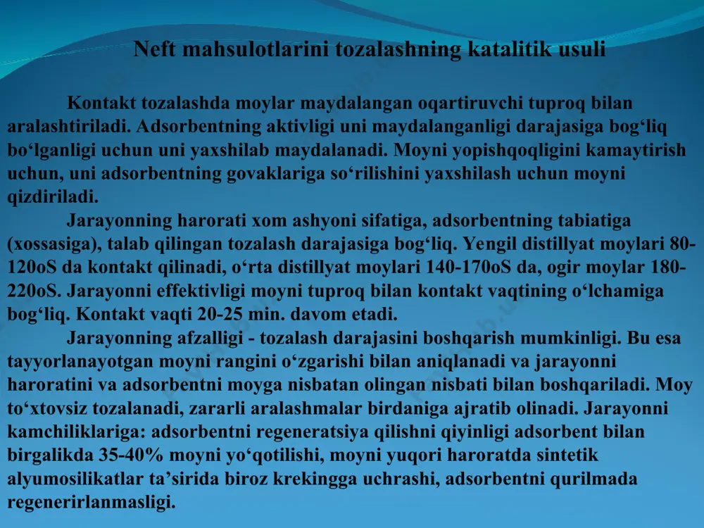 un bir operatsiyada tozalanadi. kontakt vaqti aralashtirishning tezligi va chо‘kkan gudronni ajratib olish sharoitiga bog‘liq. agarda aralashtirish muddati juda uzoq bо‘lsa, gudronni moyda qisman erib ketish xavfi bor. sigimi 20-100 t. bо‘lgan apparatlarda aralashtirish vaqti 30-70 min.ga boradi. gudronni tindirish vaqti iloji boricha qisqa bо‘lishi kerak (4-8 soat agarda chо‘ktirgichlardan foydalanilganda). shuning uchun tozalash haroratini muhitni yopishqoqligini hisobga olgan xolda tanlash kerak. gudronni chо‘kishini tezlatish uchun kaogulyantlar qо‘llaniladi: naoh ni - 6-9% eritmasi, suyuq shishani eritmasi, sovuq suv. bu moddalarni moylar kislota bilan aralashtirib bо‘lgandan sо‘ng qо‘shiladi. neft mahsulotlarini (moylarni) ishqor bilan tozalash moyda sulfat kislotalar, sulfat kislotani qoldiqlari, neft kislotalari bо‘ladi.bu mahsulotlar moy distillyatlaridan 3-10% naoh eritmasi bilan neytrallanib chiqarib tashlanadi. jarayonning harorati 45-50oc. moydagi nordon (javhar) mahsulotlar tuzlar hosil qilib ishqor eritmasiga о‘tadi. ishqoriy chiqindilardan tozalangandan sо‘ng moyni neft kislotalarni qoldiqlaridan tozalash uchun issiq par kondensati bilan yuviladi va havo bilan quritiladi. ishqorni sarfi tozalanadigan moyni 0,2-1,5% (mass) …