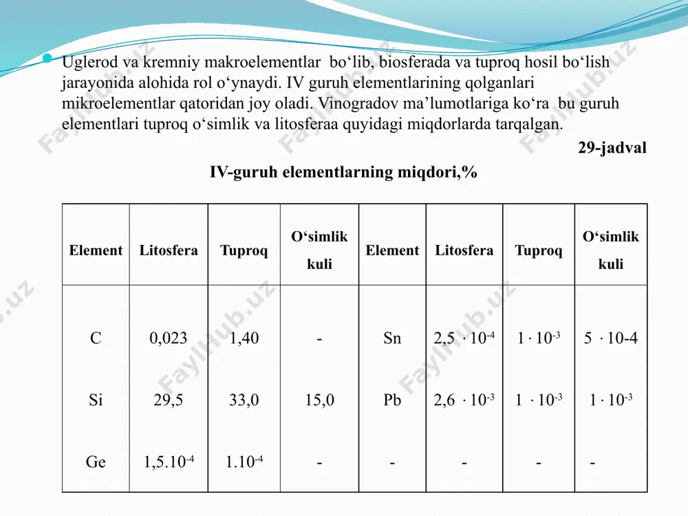 qdori esa keskin oshadi. qumli tuproqlarda esa sio2 uning miqdori 99-100% ga yaqinlashadi. agar tuproq tarkibidagi uglerod miqdori atmosferaga chiqayotgan co2 dan ortiq bulsa, bu tuproqda organik moda va gumus miqdori oshayotgan, ya'ni gumifikatsiya jarayoni kuchlirok buladi.agar atmosferaga chiqayotgan miqdori tuproqdagi c miqdoridan ortik bulsa, u xolda tuproq tarkibidagi organik modda va gumus miqdori kamayadi. tuproqlar organik moddassini o‘rganish muammosi ilgari xam hozirgi kunda ham tuproqshunoslik sohasida katta nazariy va amaliy ahamiyatga ega. organik modda juda murakkab tarkibga ega. uni asosiy qismini tashkil etuvchi organik moddalar va tuproqning mineral qismi bilan murakkab kimyoviy reaksiyalarga kirishib, murakkab va o‘ziga xos yangi organik birikmalar hosil qiladi. buni gumus moddalari deb ataladi. gumusning hosil bo‘lishi tezligi, jarayon bir qancha omillarga bog‘liq, o‘simlik qoldiqlari miqdori va kimyoviy tarkibiga, tuproqning namligi va aeratsiyasiga, muhit reaksiyasiga, oksidlanish qaytarilish sharoitiga, mikrobiologik faoliyatining intensivligiga, mikroorganizmlarning guruppalari tarkibiga, tuproq mineral qismining mexanik, mineralogik va kimyoviy tarkibiga bog‘liq. gumin kislota …