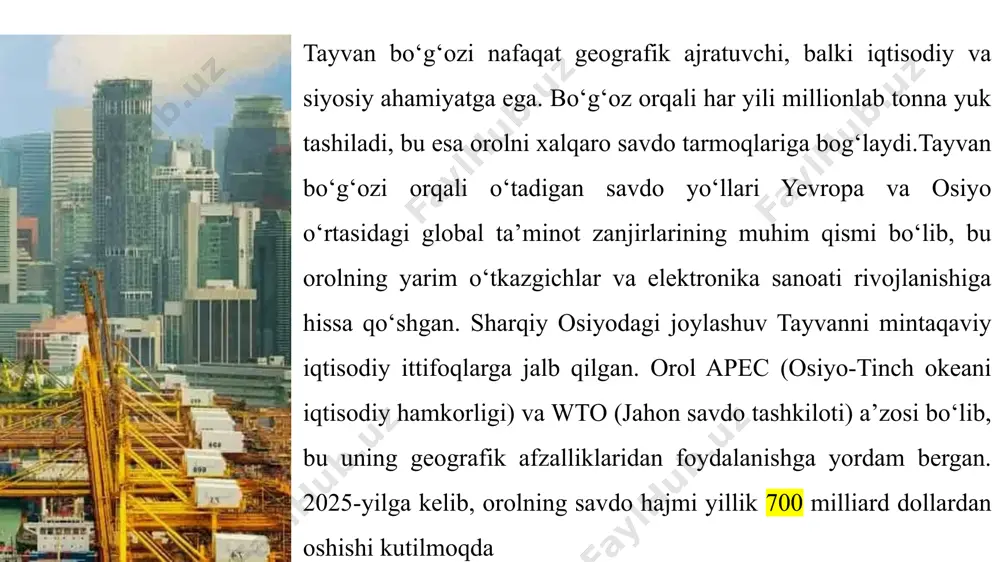 trillion tay ga yetgan (6 foiz o'sish), yuk hajmi 30 foiz oshgan. kaohsiung porti lme yetkazib beruvchi port sifatida tanilgan, bu xarajatlarni kamaytiradi. tayvan iqtisodiyoti hududiy klasterlarga asoslangan bo‘lib, hsinchu, tainan va kaohsiung sanoat zonalari bu tizimning markaziy elementlari hisoblanadi. ushbu klasterlar nafaqat iqtisodiy o‘sishni rag‘batlantiradi, balki innovatsiyalar va ta'minot zanjirlarini integratsiya qilish orqali global raqobatbardoshlikni ta'minlaydi. hsinchu ilmiy parki, masalan, 2022 yilda 363 milliard dollarlik daromadga erishdi, bu esa parkdagi kompaniyalar daromadining 75 foizini tashkil etadi. ushbu zonalar iqtisodiy ta'sirini chuqur tahlil etganda, ularning mahalliy iqtisodiyotga qo‘shgan hissasi, shu jumladan bandlik va r&d xarajatlari, aniq ko‘rinadi. tayvan bandlik tuzilishi xizmatlar va ishlab chiqarishga asoslangan: 2024 yilda birlamchi sektor yaimning 1,47 foizini, bandlikning 4,26 foizini tashkil etdi, ikkilamchi sektor esa 35 foizni egalladi. xizmatlar sektori 60 foizdan ortiqni band qiladi, bu esa yuqori darajadagi ixtisoslashuvni ko‘rsatadi. 2025 yilda bandlik o‘sishi 2,5 foizni tashkil etishi kutilmoqda, texnologiya va yashil energiya sohalari …