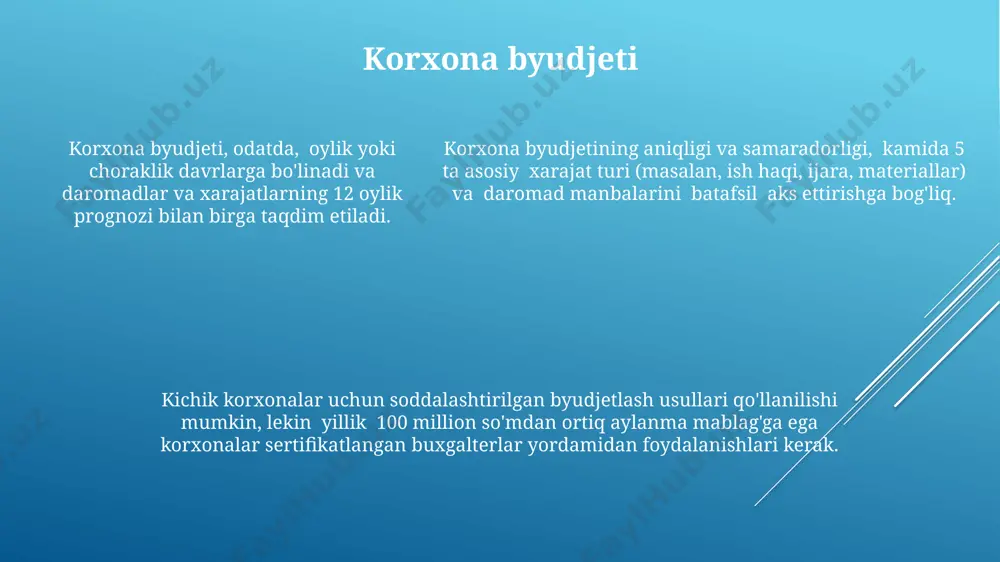atsiyalar (30%), ko'chmas mulk (50%) kabi, portfel diversifikatsiyasi orqali xavfni kamaytirishga yordam beradi. byudjet dasturlari kichik biznes uchun mo'ljallangan byudjet dasturlari, odatda, 5000 dan ortiq operatsiyani qayd etish imkoniyatini beradi va foydaning o'sishi uchun aniq maqsadlarni qo'yishga imkon beradi. byudjet dasturlari, xarajatlarni toifalarga (masalan, ijaraga haq, ish haqi, materiallar) bo'lish orqali, kamida 15% tejashga va byudjetni samarali boshqarishga yordam beradi. byudjet dasturlari, odatda, 12 oylik davrni qamrab oladi va daromadlarni, xarajatlarni va moliyaviy maqsadlarni aniqlashga yordam beradi, bu esa byudjetning muvozanatini ta'minlaydi. byudjet turlari zero-based budgeting (zbb) usulida har bir byudjet elementi nol darajasidan boshlanib, uning zarurligini va samaradorligini asoslab berish talab etiladi. bu usul 10% gacha ortiqcha xarajatlarni kamaytirishga yordam beradi. byudjetning asosiy turlari orasida operatsion byudjet (kunlik xarajatlar va daromadlarni qamrab oluvchi), kapital byudjet (uzoq muddatli investitsiyalarni, masalan, 3 yildan ortiq muddatga mo'ljallangan aktivlarni aks ettiruvchi) va pul mablag'lari byudjeti (naqd pul oqimini boshqarishga qaratilgan) mavjud. incremental budgeting …