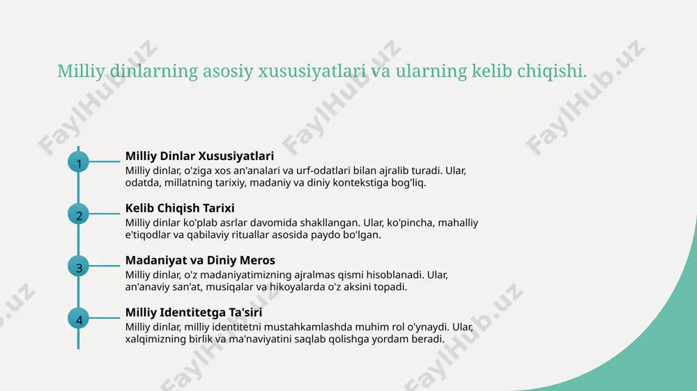 rama-qarshiliklar va uyg'unlik. 1 milliy din va zamon milliy dinlar, zamonaviy hayotda an'analar va urf-odatlar bilan birga, shaxsiy va ijtimoiy hayotda muhim o'rin egallaydi. 2 qarama-qarshiliklar zamonaviylashtirish jarayonida ba'zi milliy dinlar, global madaniyat va yangi qadriyatlar bilan to'qnashuvga duch kelmoqda, bu esa ijtimoiy ziddiyatlarni keltirib chiqaradi. 3 uyg'unlik imkoniyatlari milliy dinlar zamonaviy hayotda, yangi qadriyatlar bilan birlashib, madaniy xilma-xillik va ijtimoiy barqarorlikni oshirishga yordam berishi mumkin. milliy dinlarning o'ziga xosligi va ularga bo'lgan munosabat. milliy dinlarning o'ziga xosligi milliy dinlar har bir xalqning o'ziga xos tarixiy va madaniy o'zligini aks ettiradi, shuningdek, an'analarini va urf-odatlarini saqlaydi. madaniy va diniy o'zaro aloqalar milliy dinlar madaniyat bilan chuqur bog'liq bo'lib, urf-odatlar va festivallarda o'z ifodasini topadi, bu esa jamiyatni birlashtiradi. milliy dinlarga munosabat milliy dinlarga bo'lgan munosabat ko'pincha ijobiy yoki salbiy bo'lishi mumkin, bu esa zamonaviy hayotda ularni qabul qilish va inobatga olishga ta'sir qiladi. milliy dinlarning zamonaviy jamiyatdagi roli va ahamiyati. …