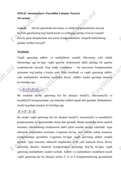 yakuniy nazorat — vaqtli qatorlar va regression tahlil — DOCX