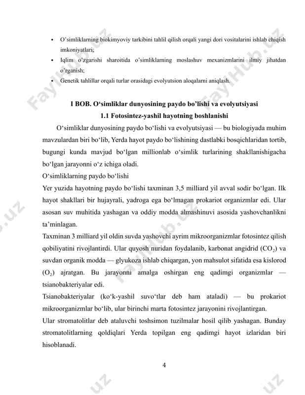 dagi o‘simliklarning paydo bo‘lishi taxminan 470 million yil oldin o‘simliklar suvdan quruqlikka chiqishni boshlagan. bu evolyutsiyada katta qadam bo‘lgan: bryofitlar (moxlar) – suvga yaqin yashovchi dastlabki quruqlik o‘simliklari. ular ildiz, poya va barglarga o‘xshash tuzilmalarga ega bo‘lgan, lekin hali haqiqiy o‘tkazuvchi to‘qimalari yo‘q edi. tomirli o‘simliklar va urug‘larning paydo bo‘lishi tomirli (sukutli) o‘simliklar taxminan 420 million yil oldin paydo bo‘lgan: ildiz, poya, barglar va o‘tkazuvchi to‘qimalar (ksilem, floema) shakllangan. misol: paporotniksimonlar. urug‘li o‘simliklar: nagnaslli o‘simliklar (masalan, archa, qarag‘ay) — urug‘lari ochiq holda bo‘ladi. gulli o‘simliklar (yopiq urug‘lilar) — taxminan 130 million yil oldin paydo bo‘lgan. bugungi kunda ular eng keng tarqalgan o‘simliklar guruhidir. o‘simliklarning xilma-xillashuvi va ekologik moslashuvi turli iqlim va muhitga moslashgan o‘simlik turlari paydo bo‘ldi (cho‘l, tropik, tudra va boshqalar). changlanish, urug‘ tarqalishi, simbioz munosabatlar (masalan, qo‘ziqorinlar bilan) kabi moslashuvlar rivojlandi. 1-rasm. o‘simliklarning xilma-xillashuvi ii bob. o‘simliklar dunyosining xilma-xilligi 2.1. o’simliklar olamining umumiy tavsifi o‘simliklarning biologik xususiyatlari va …