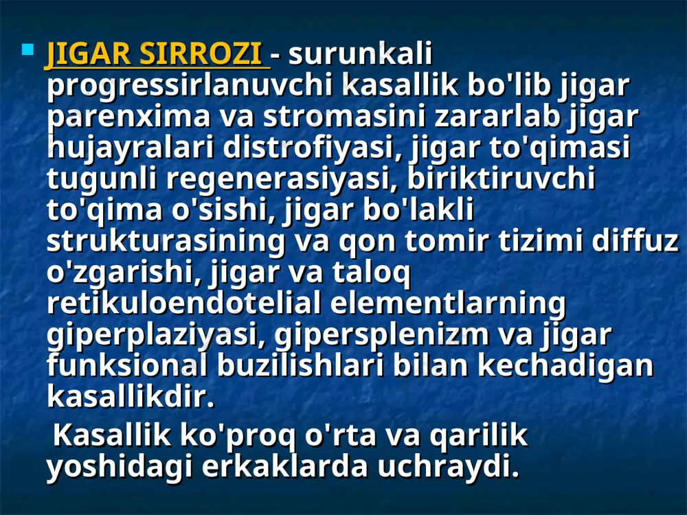 lili proteinuriya slindruriya mikrogematuriya qon biokimyoviy tahlili bilirubin, xolesterin, ishqoriy fosfataza, 5-nukleotidaza miqdori ortadi alt, act miqdori ortadi umumiy oqsil, pti kamayishi timol sinamasi oshadi utt natijalari gepatomegaliya splenomegaliya assit vena portae dagi bosim oshishi fgds natijalari qizilo’ngach venalari kengayishi va venalardan qon ketishi jigar sirrozi asoratlari ensefalopatiya,jigar komasining rivojlanishi. 50% uchraydi. oshqozon va qizilo’ngachning kengaygan venalaridan qon ketish.13% uchraydi. darvoza venasining trombozi. ikkilamchi bakterial infeksiyaning qo’shilishi davolash parxez-n5 stol etiologik (alkagol, virus, gemaxromatoz etiologiyalida) patogenetik gepatotsitlar metabolizmini yaxshilash maqsadida: gepatoprotektorlar (geptral, essentsial) jigarda biriktiruvchi to’qima sintezini to’xtatish (kolxitsin ) shishli-assitik sindromni davolash u.n (diuretiklar – furosemid,veroshpiron) portal bosimni kamaytirish maqsadida (vazopressin) qon ketishini davolash u.n ( aminokapron kislota, ditsinon) surunkali jigar ensefalopatiyasini davolash ( gepamars ) xolestaz sindromini davolash ( ursodezoksixoli kislotasi ) immunomodulin (timolin) * faol kechishida: gks (prednizolon 20-25 mg) sitostatiklar (azatioprim 2-2.5mg/kg)