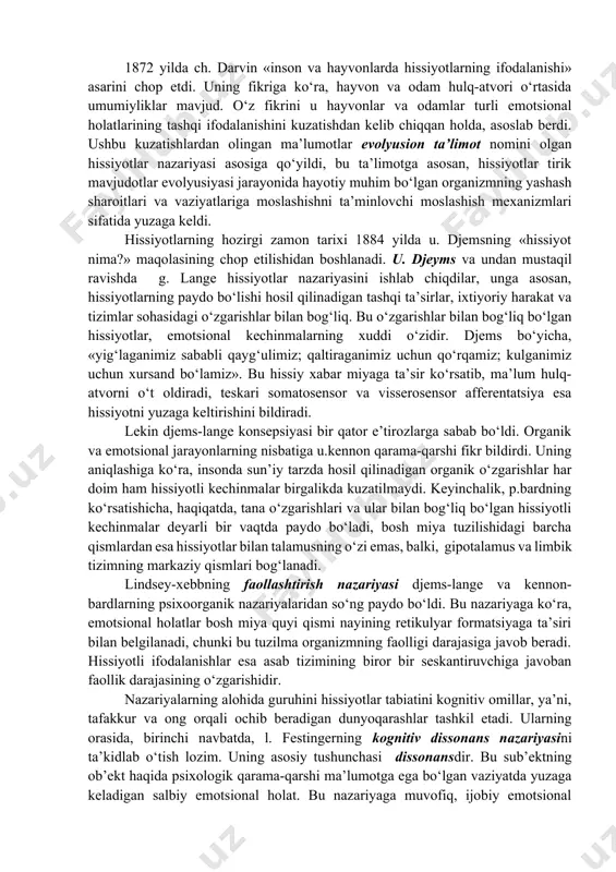 da ajablanishga hech qanday o‘rin yo‘q. biz yoshlikdan boshlab mazkur kuyni bir necha yuz marotalab eshitib borishimiz natijasida ana shu kuyga nisbatan deyarli buzib bo‘lmaydigan nihoyatda murakkab dinamik streotip yuzaga keladi. ana shuning uchun ayrim kuylar bizga yoqadi, ayrimlari esa yoqmaydi. suratlar masalasiga kelganda shuni aytish kerakki, qadimgi klassik asarlar ularning ishlanish uslubi realligi bizni hayratda qoldirib zavq tug‘diradi. aksincha, hozirgi rassomlar tomonidan ishlangan rasmlar odamda qandaydir noxush hissiyotni tug‘diradi. demak, uzoq yillar davomida yuzaga keladigan dinamik streotiplar ayrim murakkab hisni tashkil qiladi. shunday qilib, hissiyot vegetativ nerv tizimi orqali boshqariladigan ichki a’zo faoliyati bilan bog‘liq bo‘lsa ham bari bir bosh miya po‘sti orqali idora qilinadi. chunki akademik i.v.pavlovning fikricha, odamning butun a’zoyi badanida bo‘ladigan har qanday hodisalarning hammasini bosh miya po‘sti qismidagi neyronlar idora qiladi. ana shu jihatdan olganda hissiyotning nerv-fiziologik asosi bosh miya po‘sti bilan bog‘liq. uzoq vaqt davomida psixologlar hissiyotlar tabiati haqidagi masalani echishga uringanlar. xviii-xix asrlarda …