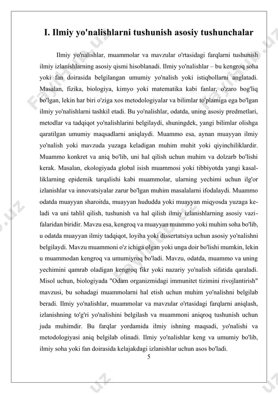 alan, genetik muhandislik yoki sun’iy intellekt kabi sohalardagi yutuqlar inson hayotini tubdan o‘zgartirmoqda. ilmiy yo‘nalishlar doimiy ravishda rivojlanib boradi. har bir yangi kashfiyot yangi savollar tug‘diradi va bu jarayon cheksizdir. shu bilan birga, ilmiy tadqiqotlarda axloqiy masalalar ham muhim o‘rin tutadi. masalan, genetik manipulyatsiyalar yoki sun’iy intellektni ishlatishda inson huquqlari va xavfsizlik masalalariga e’tibor berish zarur. ii. muammolar va mavzular o'rtasidagi farqlarni aniqlash ilmiy sohada muammo va mavzular o‘rtasidagi farqlarni tushunish juda muhim bo‘lib, ular izlanishlarning muvaffaqiyati va aniq yo‘nalishini belgilashda asosiy rol o‘ynaydi. bu farqlarni to‘g‘ri anglash uchun avvalo ularning har birining mohiyatini va funksiyasini aniqlash lozim. ilmiy yo‘nalishlar keng va umumiy sohalardir. ular ilm-fan yoki texnologiyalar doirasida turli yo‘nalishlarni ifodalaydi, masalan, fizika, biologiya, kimyo yoki matematika. bu yo‘nalishlar odatda keng qamrovli bo‘lib, ular biror umumiy bilimlar to‘plamini, metodologiyalarni va tadqiqot yo‘nalishlarini o‘z ichiga oladi. masalan, biologiya yo‘nalishi, uning ichida genetika, ekologiya yoki botanikani o‘z ichiga oladi. bu yo‘nalishlar …