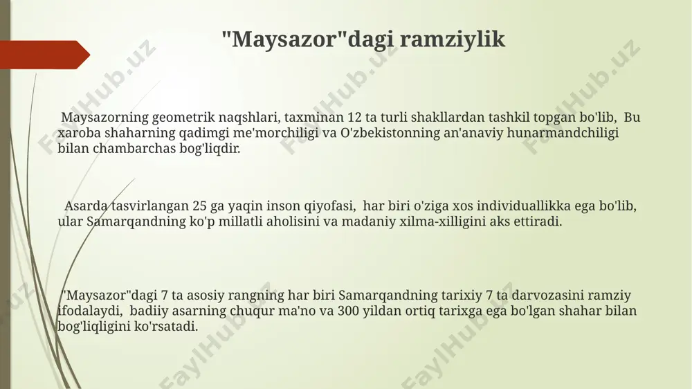 qealarni aks ettiradi. "layli va majnun"dagi majnunning 10 yildan ortiq vaqt davomida cho'lda yashab, sevgilisi laylini izlaganligi falsafiy va psixologik jihatdan chuqur tahlil qilinadi. sevgi va mehr-oqibat mavzusi hamza 1920-yillarda toshkentda yaratgan "sevgi va mehr-oqibat mavzusi"dagi asarlari, 20 dan ortiq qalam rasmlarini oʻz ichiga olib, insoniy munosabatlarning murakkabligiga chuqur kirib boradi. hamza ushbu mavzuga bagʻishlangan 10 dan ziyod asarida, andijon viloyati manzaralari fonida, insoniy mehr va sevgining nozik tomonlarini 1930-yillar realistik uslubida ifodalagan. "sevgi va mehr-oqibat mavzusi"dagi 5 ta asosiy kompozitsiyasi samarqanddagi muzeylarda saqlanadi va ularning har biri 30-40 sm oʻlchamlariga ega boʻlib, oilaviy qadriyatlarni aks ettiradi. zamonaviy adabiyotga ta'siri hamza asarlarining 20-asr oʻzbek adabiyotiga ta'siri, ayniqsa, sheʼriyatda yangi uslublarning paydo boʻlishiga, masalan, modernizmning 30-yillarda shakllanishiga sezilarli hissa qoʻshgan. hamzaning 50 dan ortiq hikoya va qissalaridan iborat merosi, uzbek prozasining rivojlanishiga, ayniqsa, qishloq hayoti va odamlarning psixologiyasini aks ettirishga katta ta'sir koʻrsatdi. hamza ijodining samarqand va buxoro kabi shaharlarning madaniy …