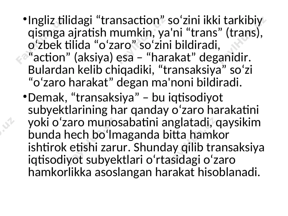 siyasida mulkchilik va erkinlik huquqlarini amalda qo‘lga kiritish va ulardan voz kechishni amalga oshirish uchun taraflarning ulardan har birining iqtisodiy manfaatiga asoslangan ikki tomonlama roziligi zarur. savdo bitimi transaksiyasi – unda taraflar o‘rtasidagi huquqiy munosabatlarning o‘xshashligi shartlariga amal qilish mumkin bo‘lgan yagona shakl. bunday savdo bitimi transaksiyasiga yollanma xodim va ish beruvchi (yoki ular ittifoqlari)ning mehnat bozoridagi harakatlari, qonun chiqaruvchilarning siyosiy bozordagi xatti-harakatlari, kreditor va qarzdorning vaqtinchalik bo‘sh turgan pul mablag‘lari bozoridagi harakatlari misol bo‘la oladi. taraflardan har biri almashuvda ishtirok etish to‘g‘risida mustaqil tarzda yakuniy qaror qabul qiladi. shu nuqtai nazardan savdo transaksiyasi huquqiy jihatdan teng, lekin muzokaraviy kuchda teng bo‘lishi shart bo‘lmagan, taraflar o‘rtasida amalga oshiriladi. * boshqaruv transaksiyasida insonlar o‘rtasidagi qaror qabul qilish huquqi faqat bir tarafga tegishli bo‘lganda o‘zaro hamkorlikni nazarda tutuvchi boshqarish-bo‘ysunish munosabati eng asosiy hisoblanadi. boshliq bilan xodimning rasmiy qoidalarga muvofiq o‘zaro hamkorligi boshqaruv transaksiyasiga oddiy misollar bo‘ladi. boshqaruv transaksiyasida xatti-harakat noo‘xshash (asimmetrik) xususiyatga …