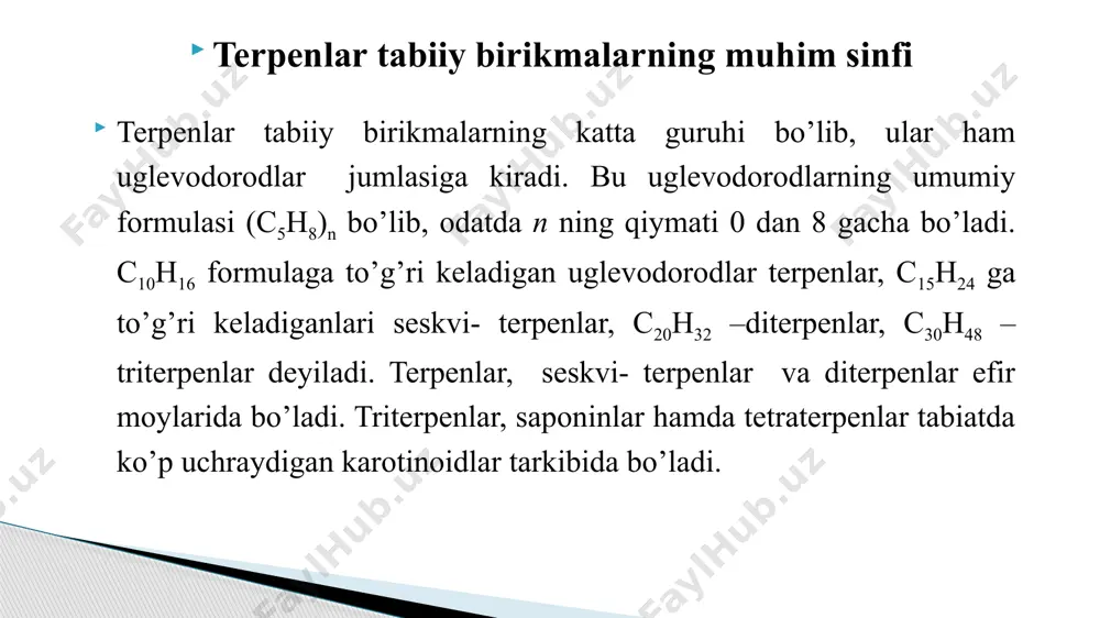 indika dan o’simliklarni sahro chigirtkasi (schistocerce greparia) dan himoya qiladigan azodiraxtin diterpenoidini ajratib oldi. tabiiy diterpenoidlar qimmatbaho dori preparatlari hisoblanadi. masalan manool-viruslarga qarshi preparat. ularning ayrimlari seskviterpenlar singari ixtiotoksinlar hisoblanadi. tetraterpenlar tetraterpenlar guruhiga tabiiy birikmalar – karotinlar mansubdir. ksantofillar, likopinlar, ksantinlar oziq-ovqat sanoatida bo’yovchi moddalar sifatida ishlatiladi. politerpenlar terpenlarning bu guruhiga kauchuk (sis-1,4-poliizopren), guttapercha (trans-1,4-poliizopren) va poliprenollar kiradi. tabiiy kauchuklarning ahamiyati, ishlatilish sohalari hammaga ma’lum. poliprenollar bo’yicha tadqiqotlar so’nggi yillarga to’g’ri keladi. aniqlanishicha, ular hujayra qobiqlariining polisaxaridlari biosintezida muhim ahamiyatga ega tabiiy va sintetik kauchuklar. tabiiy kauchuk geveya, gvayulla, koksagiz, tausagiz va boshqa kauchukli o‘simliklarning sutsimon shirasi (lateksi)dan olinadigan yuqori molekulyar elastik moddadir. janubiy amerika hindlari bu sutsimon shirani kao chou (“kao”-daraxt , “chou”-yig‘lash) ya’ni daraxt ko‘z yoshi deb ataganlar. keyinchalik bu moddaning xossalarini o‘rgangan fransuz olimlari unga kauchuk deb nom berdilar. qator tropik mamlakatlarda kauchuk hozir ham ko‘p miqdorda geveya daraxtidan olinadi. tabiiy kauchukning tuzilishini o‘rganishda vilyams, tilden va …