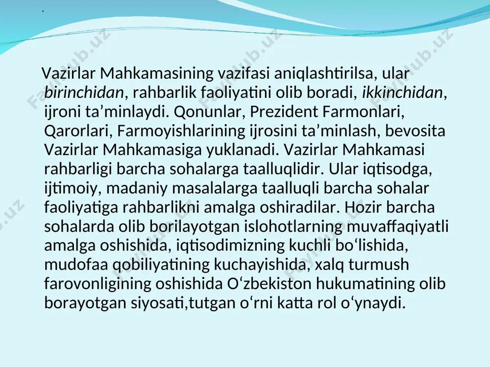 bosarlari, vazirlar, davlat qo‘mitalarining raislaridan iborat bo‘ladi. qoraqalpog‘iston respublikasi hukumatining boshlig‘i (vazirlik kengashi raisi) lavozimiga ko‘ra, o‘zbekiston vazirlar mahkamasi tarkibiga kiradi. foydalanilgan adabiyotlar 1. allan ides christopher n. may constitutional law - individual rights. fifth edition 2012. 2. o'zbekiston respublikasining konstitutsiyasi t. "o'zbekiston" 2019 3. o'zbekiston respublikasining "jismoniy va yuridik shaxslarning murojaatlari to'g'risida"gi o'rq-378-son qonuni // 3.12.2014 y. // o'zbekiston respublikasi qonun hujjatlari to'plami, 2014 y., 49-son 4. o'zbekiston respublikasining "o'zbekiston respublikasi vazirlar mahkamasi to'g'risida"gi (yangi tahriri) 524-ii-son qonuni // 29.08.2003 y. // o'zbekiston respublikasi oliy majlis axborotnomasi 2003 y 5.b.t. musayev, k.r. aliyeva, b.narimanov "o'zbekiston respublikasining konstitutsiyaviy huquqi" darslik. t. 2019 6.o.t.husanov konstitutsiyaviy huquq atamalari. t.,"sharq", 2015 7. o.t.husanov "konstitutsiyaviy huquq" t."ilm-ziyo" 2017