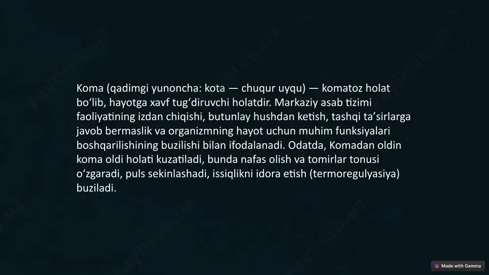 ima, gallyutsinatsiyalar, disorientatsiya, ongning xiralashishi va koma paydo bo’ladi. tashxis klinik ma’lumotlarni to’plash va qon shakarini tekshirish natijalariga asoslanadi. davolash glyukoza eritmasini kiritish, reanimatsiya choralaridan iborat. gipoglikemiya metabolik-endokrin sindrom bo’lib, adrenergik va neyroglikopenik ko’rinishlar bilan birga keladi. birinchi guruh belgilari noradrenalin sintezining kuchayishi bilan bog’liq, ikkinchisi markaziy asab tizimining javobi bilan belgilanadi. gipoglikemiyaning klinik belgilarining progressiv o’sishi, shoshilinch yordamning yetishmasligi komaga olib keladi. patologiya odatda 1 va 2 turdagi qandli diabet bilan og’rigan bemorlarda, ba’zida glyukoza almashinuvi buzilishi bo’lmagan odamlarda rivojlanadi. turli ma’lumotlarga ko’ra, diabet bilan og’rigan bemorlarda gipoglikemiyaning tarqalishi 45-65% ni tashkil qiladi. o’limga olib keladigan natija gipoglikemik koma holatlarining 2-4 foizida kuzatiladi. gipoglikemik komaning davolash usullari 1 tezkor choralar glukoza eritmasini vena ichiga yuborish. 2 uy sharoitida glukagon in'ektsiyasi, agar bemor hushsiz bo'lsa. 3 qand miqdorini nazorat qilish insulin dozasini to'g'rilash va ovqatlanish rejimiga rioya qilish. 6 ketoatsidotik koma ketoatsidoz qonda kislotalikning oshishi. keton tanachalari ko'payishi natijasida yuzaga …
