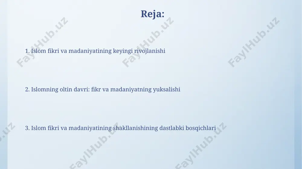 ri 15-asrda usmonli imperiyasi davrida istanbul dunyoning eng yirik va muhim madaniy markazlaridan biriga aylanib, dunyo bo’ylab 3 qit’ada ta’sir ko’rsatdi. islom olamidagi savdo yo’llari, masalan, ipak yo’li, 1000 yildan ortiq vaqt davomida turli madaniyatlar o’rtasidagi aloqani ta’minlab, ilm-fan va texnologiyalarni tarqalishiga hissa qo’shdi. islom ilmi va texnologiyalarining yutuqlari islom oltin davrida (750-1258) bag‘doddagi bayt al-hikma kutubxonasi 100 000 dan ortiq qo‘lyozmalarni saqlagan va ilmiy tarjimalarning muhim markazi bo‘lgan. andalus (ispaniya) 8-15-asrlarda islom dunyosining muhim ilmiy markazlaridan biri bo‘lib, tibbiyot, falsafa va adabiyot sohalarida 300 dan ortiq olimlar yetishib chiqqan. islom iqtisodiyoti va savdosi 15-asrda, oʻrta osiyoda samarqand va buxoro kabi shaharlar buyuk ipak yoʻli ustida joylashganligi sababli, gullash davrini boshdan kechirgan va faol savdo-sotiq markaziga aylangan. islom dunyosida riba taqiqlanganligi tufayli, 8-13-asrlar oraligʻida islom bank tizimi va “mudaraba” kabi yangi moliyaviy vositalar shakllangan. islom arxitekturasi va sanʼatining oʻziga xosligi islom arxitekturasida, kabi, masjidlarning gumbazlari, minoralari va ayvonlari kabi elementlarning …