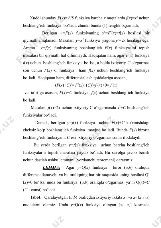 y c o‘zgarmasda x2+c boshlang‘ich funksiyalar bo‘ladi. demak, berilgan y=f(x) funksiya uchun f(x)+c ko‘rinishdagi cheksiz ko‘p boshlang‘ich funksiya mavjud bo‘ladi. bunda f(x) birorta boshlang‘ich funksiyani, c esa ixtiyoriy o‘zgarmas sonni ifodalaydi. bu yerda berilgan y=f(x) funksiya uchun barcha boshlang‘ich funksiyalarni topish masalasi paydo bo‘ladi. bu savolga javob berish uchun dastlab ushbu lemmani (yordamchi teoremani) qaraymiz. lemma: agar y=q(х) funksiya biror (a,b) oraliqda differensiallanuvchi va bu oraliqning har bir nuqtasida uning hosilasi q′(x)=0 bo‘lsa, unda bu funksiya (a,b) oraliqda o‘zgarmas, ya’ni q(x)=c (c - const) bo‘ladi. isbot: qaralayotgan (a,b) oraliqdan ixtiyoriy ikkita x1 va x2 (x1≠x2) nuqtalarni olamiz. unda y=q(х) funksiya olingan [x1, x2] kesmada lagranj teoremasining (vii bob,§3) barcha shartlarini qanoatlantiradi va shu sababli q(x2)–q(x1)=q′()(x2–х1 ) , x1 0 y=f(x)+c , c<0 y=f(x) x y o 0. aniqmas integral xossalari. aniqmas integral ta’rifidan uning quyidagi xossalari kelib chiqadi: i. aniqmas integral hosilasi integral ostidagi funksiyaga tеng, ya’ni isbot: aniqmas integral …