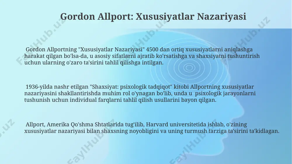 nqilob qilgan. uning "orzularning talqini" asari 1900-yilda nashr etilgan boʻlib, ong osti jarayonlarini tushunishga 3ta asosiy tuzilmani (id, ego, superego) taqdim etdi. freydning vena shahridagi amaliyoti va uning shogirdlari bilan boʻlgan munosabatlari psixologik fikrga katta taʼsir koʻrsatib, 50 dan ortiq ilmiy asarlar yozishiga olib keldi. lev vygotskiy: madaniy-tarixiy yondashuv lev vygotskiyning "madaniy-tarixiy yondashuv" nazariyasi 1920-yillar rossiyasida, xususan, moskva shahrida shakllangan bo'lib, ijtimoiy-madaniy kontekstning bolaning kognitiv rivojlanishidagi ahamiyatini ta'kidlaydi. vygotskiyning 3 asosiy konseptsiyasi - vositalar, belgilar va ijtimoiy muloqot uning "madaniy-tarixiy yondashuv" nazariyasining poydevorini tashkil qilib, ko'plab psixologik tadqiqotlarga asos bo'lgan. ushbu yondashuv, "yaqin rivojlanish zonasini" (7-10 yosh oralig'idagi bolalarga nisbatan) o'rganish orqali, ta'lim va o'qitish jarayonlarida kattalarning qo'llab-quvvatlashi muhimligini ko'rsatadi. erik erikson: psixososial rivojlanish nazariyasi eriksonning psixososial rivojlanish nazariyasi 8 ta asosiy psixososial bosqichdan iborat bo'lib, har bir bosqich hayotning muayyan davriga to'g'ri keladi va insonning shaxsiyatining rivojlanishiga ta'sir ko'rsatadi. uning nazariyasi, bolalikdan kattalikgacha bo'lgan davrda muvaffaqiyatli o'tish kerak bo'lgan …
