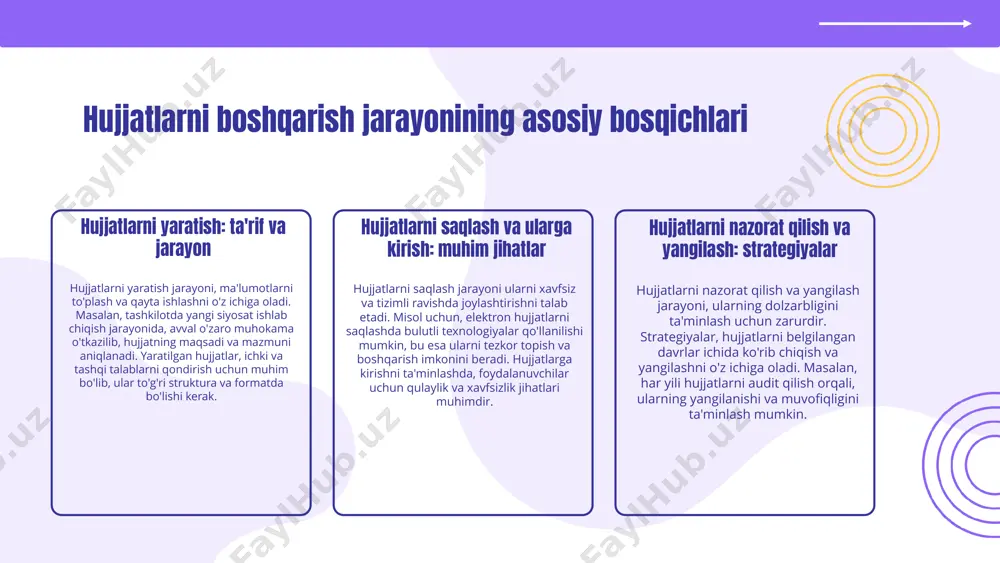 ashtirish jarayonida raqamlashtirish va avtomatlashtirish asosiy tendensiyalar hisoblanadi. hujjatlar ko'pincha elektron tarzda saqlanadi va tez almashiladi, bu esa jarayonlarning samaradorligini oshiradi. raqamlashtirish va avtomatlashtirish hujjatlarni raqamlashtirish, qog'oz shaklidan elektron shaklga o'tkazish jarayonidir. avtomatlashtirish esa jarayonlarni tezlashtiradi va xatoliklarni kamaytiradi, natijada xarajatlar kamayadi. shaxsiy va jamoaviy hujjatlashtirish shaxsiy hujjatlashtirish shaxsiy ehtiyojlar asosida amalga oshiriladi, jamoaviy hujjatlashtirish esa jamoa a'zolari tomonidan birgalikda bajariladi. bu jarayonlarda muvofiqlik va hamkorlik muhimdir. hujjatlarni boshqarishni optimallashtirish hujjatlarni boshqarish samaradorligini oshirish hujjatlarni boshqarish jarayonlarining samaradorligini oshirish uchun tizimli yondashuv zarur. hujjatlarning to'g'ri va o'z vaqtida qayta ishlanishini ta'minlash, shuningdek, barcha jarayonlarni bir joyda birlashtirish orqali amalga oshiriladi. barcha xodimlarning faol ishtiroki va ularning hujjatlarni to'g'ri yuritish bo'yicha o'qitilishi muhimdir. raqamli vositalar va dasturlarni qo'llash zamonaviy raqamli vositalar va dasturlar hujjatlarni boshqarishda muhim rol o'ynaydi. elektron hujjat aylanishi tizimlari, bulutli saqlash va boshqaruv dasturlari yordamida hujjatlarni tez va samarali yuritish mumkin. bunday texnologiyalar, ish jarayonlarini soddalashtirib, xatoliklarni kamaytiradi …