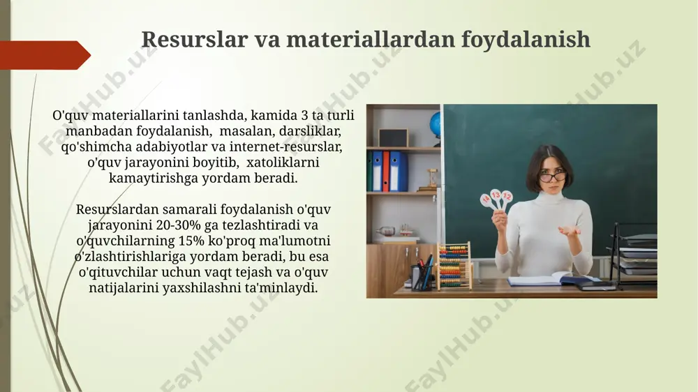 hisoblanadi va oʻquvchilarning kompetentsiyalarini shakllantirishga qaratilgan. oʻquv natijalarini baholash va tahlil qilish tahlil natijalari asosida kamida 2 ta oʻquv dasturiga tuzatish kiritish va 3 ta yangi oʻquv uslubini qoʻllash boʻyicha takliflar ishlab chiqilishi zarur. oʻquvchilarning yillik yutuqlari boʻyicha kamida 3 ta baholash usuli (test, kuzatish, loyiha) qoʻllanilishi va natijalar 5 ball shkalasi boʻyicha ifodalanishi kerak. zamonaviy oʻqitish uslublari interfaol oʻyinlar va simulyatsiyalar orqali, 20% nazariy maʼlumotlar 80% amaliy mashgʻulotlar bilan birlashtirilib, oʻqitish jarayoni samaradorligini 30% ga oshirish mumkin. differensial oʻqitish yondashuvi, oʻquvchilarning individual ehtiyojlarini hisobga olib, 3 xil darajadagi vazifalarni taklif qilish orqali, oʻzlashtirish darajasini yaxshilaydi. oʻquvchilarning individual ehtiyojlarini qondirish oʻquv jarayonida individual ehtiyojlarni qondirish uchun kamida 5 ta turli xil baholash usullarini (testlar, loyihalar, kuzatuvlar va boshqalar) qoʻllash tavsiya etiladi. har bir oʻquvchining kognitiv qobiliyatlari, oʻrganish uslublari va emotsional ehtiyojlari turlicha boʻlganligi sababli, kamida 3 xil oʻquv strategiyalarini qoʻllash kerak. baholash va monitoring baholash va monitoring jarayoni o‘quvchilarning 5 …