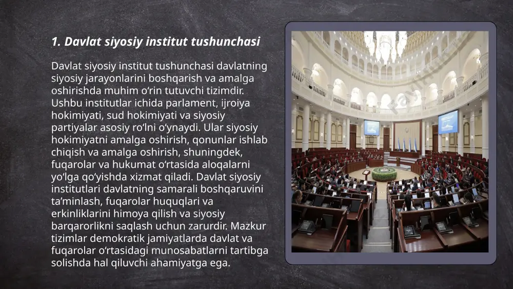 ning tarkibi va tuzilishi o‘zbekiston respublikasi konstitutsiyasiga ko‘ra quyidagicha: hukumat – o‘zbekiston respublikasi oliy majlisining qonunchilik palatasi va senati tomonidan shakllantiriladi. hukumatni bosh vazir boshqaradi. bosh vazir nomzodini prezident oliy majlis qonunchilik palatasi va senatga taklif qiladi. hukumat tarkibiga vazirliklar va davlat qo‘mitalari kiradi. vazirliklar soni 20 dan ortiq bo‘lib, har biri o‘ziga tegishli yo‘nalishda faoliyat olib boradi. hukumatning asosiy vazifasi davlat siyosatini amalga oshirish, iqtisodiyotni rivojlantirish va jamoat tartibini saqlashdir. vazirliklar va qo‘mitalar tegishli sohalarda milliy va xalqaro faoliyatni o‘rgatish va muvofiqlashtirishga xizmat qiladi. ... t.me/slaydai_bot 7. qonun chiqaruvchi hokimiyat qonun chiqaruvchi hokimiyat – bu davlat hokimiyatining uch asosiy tarmog‘idan biri bo‘lib, u qonunlarni ishlab chiqish, qabul qilish va nazorat qilish bilan shug‘ullanadi. o‘zbekistonda qonun chiqaruvchi hokimiyat oliy majlis tomonidan amalga oshiriladi, bu ikki palatadan iborat: qonunchilik palatasi (150 nafar deputat) va senat (100 nafar senator). deputatlar besh yil muddatga saylanadi. qonunchilik palatasi qonun loyihalarini ishlab chiqadi va ko‘rib …