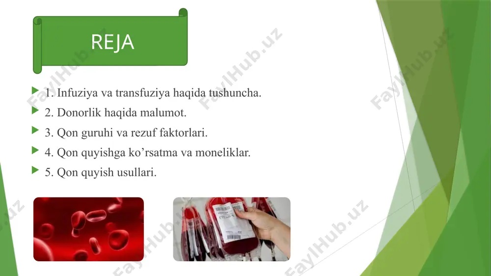 ing komponentlari va suyak iligi maxsus ko'rsatmalarga asoslanib olinadi va donor xohishiga qarab pulli yoki bepul bo'lishi mumkin. bir marta yoki bir necha marta qon topshiruvchi odamlar rezerv donorlar hisoblanadi va odatda ular bepul qon topshiradi. qarindosh donorlar - davolash muassasalarida davolanuvchi qarindosh - urug'lariga qon quyish bo'limiga bir marta kelib qon topshiruvchi kishilardir. donorlik qon guruhi — eritrotsitlarning individual antigen xarakteristikalarining tavsifidir. bu eritrotsitlar membranasidagi uglevod va oqsillarning kimyoviy tarkibi orqali aniqlanadi. i guruh — eritrotsitlarda agglyutinogen umuman bo‘lmaydi, plazmada agglyutinin α va β bo‘ladi. ii guruh — eritrotsitlarda agglyutinogen a, plazmada agglyutinin β bo‘ladi. iii guruh — eritrotsitlarda agglyutinogen b, plazmada agglyutinin α bo‘ladi. iv guruh — eritrotsitlarda agglyutinogen umuman bo‘lmaydi, plazmada agglyutinin α va β bo‘ladi. v guruh — eritrotsitlarda agglyutinogen a va b bo‘lib, plazmada agglyutinin umuman bo‘lmaydi. rezus-faktor (rh) — odamlar va bengal makakalari eritrotsitlarida boʻladigan antigen. rezus-faktor bor yoki yoʻqligiga qarab rezusmusbat (rh+ odamlarning …