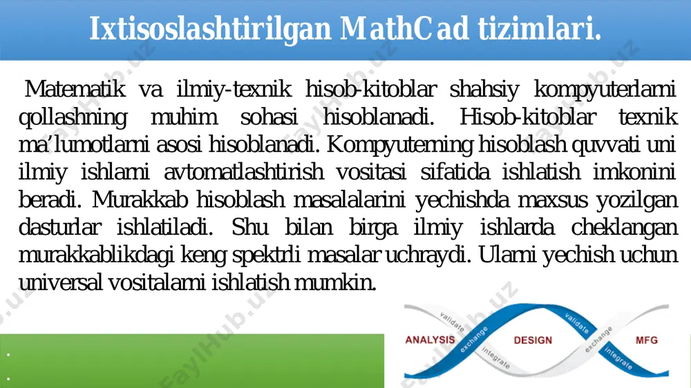 o‘rsatib turuvchi qismi. mathcad 2000 дастурининг ташкил этувчилари . . • file- fayl va xujjatlarni yaratish, saqlash, printerda chop etish bilan bog‘liq buyruqlar to‘plami • edit- matnlarni tahrirlash uchun mo‘ljallangan buyruqlar to‘plami; • view- mathcad ishchi oynasida xujjatlarning tashqi ko‘rinishini boshqaruvchi buyruqlar to‘plami; • insert- xujjatga turli ob’ektlarni joylashtirish uchun xizmat qiluvchi buyruqlar to‘plami; • format- matn, formula va grafiklarni formatlovchi buyruqlar to‘plami; • math- hisoblash jarayonini boshqaruvchi buyruqlar to‘plami; • symbolics- simvolli hisoblashlarni amalga oshirish buyruqlar to‘plami; • windows- turli xujjat oynalarini ekranda joylashtirish buyruqlari to‘plami; • help- yordamchi axborotlarni chiqarish buyruqlari; математик панел воситалари . . calculator (kalkulyator) – asosiy matematik operatsiyalar shabloni; математик панел воситалари . . graph (grafik) – grafiklar shabloni. математик панел воситалари . . matrix (matritsa) – matritsa va matritsa operatsiyalarini bajarish shabloni математик панел воситалари . . calculus (hisoblash) – differensiallash, integrallash, summani hisoblash shabloni математик панел воситалари . . evaluation (baholash) – …