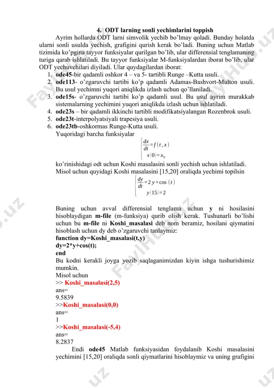 if { operator1} elseif { operator2} else { operator3} end ko’rinishida bo’ladi. agar 1-shart “rost” bo’lsa, boshqarish {operator1}ni bajarishga uzatiladi. aks holda, ya’ni 1-shart “yolg’on” bo’lsa, u holda boshqarish 2-shartni tekshirishga uzatiladi. agar y “rost” bo’lsa boshqarish {operator2}ni bajarishga uzatiladi, aks holda boshqarish {operator3}ni bajarishga uzatiladi. yuqoridagi formatda shartlar sifatida algebraik ifodalar, mantiqiy va solishtirish amallari bo’lgan >=, , ~=, == kabilar ishlatilishi mumkin. masalan, if i==j a(i,j)=i+j+2; elseif abs(i-j)==1 a(i,j)=-1; else a(i,j)=1; end. shartli operatorning qisqa formatlarida ham foydalanish mumkin: a) if {operatorlar} end b) if {operatorlar1} else {operatorlar2} end. tanlov operatorlari dasturni bajarish yo’lini ko’rsatib beruvchi vositalardan biri tanlov operatorlar switch hisoblanadi. uning formati quyidagicha bo’ladi: switch case operator, operator,…; case {1- qiymat,2- qiymat,…} operator, operator,…; otherwise, operator, operator,… ; end bu operatorlar formatidagi -skalyar ifoda yoki qator(simvolli) bo’lishi mumkin. operator quyidagicha ishlaydi: case ostidagi ga teng bo’lsa, unda ko’rsatilgan operatorlar bajariladi, aks holda otherwise dan keyingi operatorlar …