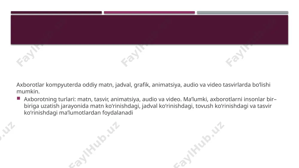 oniyani, undagi tasvirlar esa 90 mingtani tashkil etadi. animatsiya orqali quyidagilarni amalga oshirish mumkin: i ularni taqdim etish va qayta ishlashga yondashish bilan bog‘liq. bu turkumlash tasvirni kо‘rib idrok qilish mexanizmi bilan emas, balki ularni taqdim etish va qayta ishlashga yondashish bilan bog‘liq. grafika (yunoncha graphike, grapho — yozaman, chizaman) — tasviriy sanʼat turi. rasm va rasm sanʼatiga asoslangan, lekin oʻz tasvir va ifoda vositalariga ega boʻlgan bosma badiiy asarlar. axborotlarni grafik ko’rinishida tasvirlash axborotlarni sifatini oshiradi va uni tahlil qilish jarayonini osonlashtiradi. kompyuter texnologiyasida tez sur’atlar bulan rivojlanib kelayotgan yo’nalish bu multimediya tizimi bo’lib, unda audio va video ko’rinishdagi ma’lumotlarni qayta ishlash mumkin. kompyuter texnologiyasida tez sur’atlar bulan rivojlanib kelayotgan yo’nalish bu multimediya tizimi bo’lib, unda audio va video ko’rinishdagi ma’lumotlarni qayta ishlash mumkin. audio va video ma’lumotlarni tahrirlovchi maxsus dasturiy ta’minotlar mavjud. ovoz – bu ovoz aʼzolari yordamida chiqariladigan, balandligi, kuchi va tembri har xil boʻlgan tovush (odam …