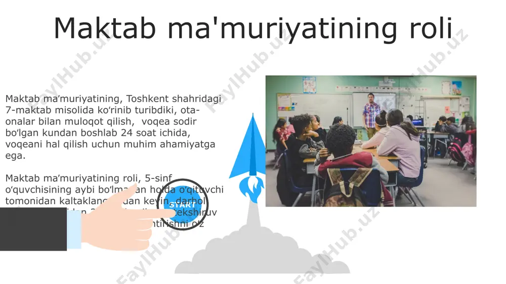 ishi va 10 daqiqalik video lavha tahlil qilinishi zarur. voqea tafsilotlarini aniqlash uchun 3 nafar guvoh, jumladan, 2 nafar o'quvchi va 1 nafar maktab xodimi, toshkentdagi 15-maktabdan so'roq qilinishi kerak. talabaning his-tuyg'ularini hisobga olish talaba, 12 yoshli qizning, his-tuyg'ularini aniqlash uchun o'qituvchi va psixolog bilan 3 marta suhbat o'tkazish tavsiya etiladi, samarali natijaga erishish uchun. talabaning hissiy holatini tushunish uchun 5 bosqichli empatiya modeli (2023 yilda aqshning kaliforniya shtatida ishlab chiqilgan) qo'llanilishi mumkin, bu esa muammoni hal qilishda yordam beradi. 06 05 04 davlat organlarining aralashuvi 01 02 prokuratura organlari, 11-bandga ko‘ra, bolalar huquqlarining buzilishi holatlarini aniqlash va tegishli choralarni ko‘rish bo‘yicha samarqand viloyatida faoliyat yuritadi. ta’lim muassasalarida sodir bo‘lgan huquqbuzarliklar bo‘yicha 2023-yil ma’lumotlariga ko‘ra, toshkent shahri bo‘yicha 50 dan ortiq shikoyat qayd etilgan bo‘lib, ularning ko‘pchiligi davlat organlari tomonidan ko‘rib chiqilgan. psixologik yordam o'qituvchining talabaga nisbatan tajovuzkor xatti-harakati oqibatlarini bartaraf etishda, psixologik yordam 10 dan ortiq seansni, individual va …