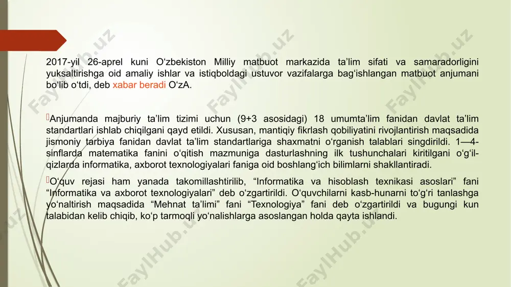 boradi bir qancha talablar hisobga olinishi lozim. dasturning mazmuni pedagogikaning didaktik prinsiplarga to‘la – to‘kis javob berishi, ilmiy va mafkuraviy jihatdan puxta bo‘lishi, murakkabligi ortib borishi hisobga olingan holda va texnologiyaning tanlangan didaktik tizimiga muvofiq ravishda, muayyan izchillikda bayon qilinishi, turmush tajribasi bilan bog‘langan bo‘lishi kerak. image1.png image2.png image3.png image4.png image5.png image6.png image7.png /docprops/thumbnail.jpeg