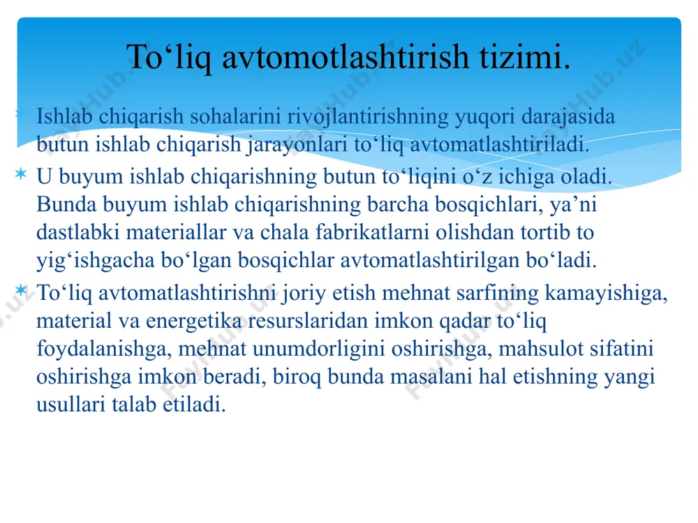 i; material markalari eng kam sonining vazifasi; buyum materialining fizik, ximik, mexanik va boshqa xususiyatlari va h.k. buyum tayyorlash texnologik jarayonini mexanizasiyalashtirish va avtomatlashtirish uchun, buyumlar konstruksiyasiga nisbatan quyidagi talablar qo‘yiladi: avtomatik liniya (al) – mahsulot ishlab chiqarishdagi hamma amallarni ma’lum texnologiya jarayonlariga mos tartibda avtomatik tarzda bajaruvchi mashinalar, asosiy va yordamchi jihozlar majmui, texnologik ketma – ketlikda joylashgan stanoklar tizimi bo‘lib, stanoklar bir – birlari bilan o‘zaro yagona tashish qurilmalari va mexanizmlari yordamida boqlangan bo‘ladi. bunda ishlab chiqarish jarayoni hamda uni boshqarish avtomatik ravishda amalga oshiriladi. al avtomatlashtirlgan stanoklar va tashish vositalaridan tashkil topgan. avtomatik liniya (al) avtomat liniya — bu buyumlarni tashish, taqsimlash va ularning oqimini birlashtirish, chala fabrikatlarni zapas qilib olish, yo’nalishini o’zgartirish, chiqindilarni chiqarib tashlash uchun mo’ljallangan avtomatik mexanizm va qurilmalar bilan, shuning­dek boshqarish sistemasi bilan birlashtirilgan, texnologik ketma-ketlikda joylashtirilgan avtomat mashinalar sistemasidir. avtomat liniya mavjud uskunalarni avtomatlashtirish asosida yoki maxsus avtomatlar, yarim avtomatlar va agregat …