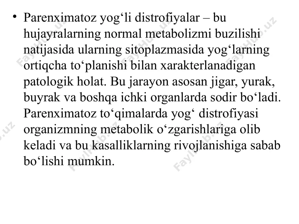 ning natijasida yurak-qon tomir tizimi kasalliklarida, surunkali o'pka kasalliklarida, anemiyada, surunkali alkogolizmda va boshqalarda yog'li degeneratsiya sodir bo'ladi. gipoksiya sharoitida organning funktsional kuchlanish ostida bo'lgan qismlari birinchi navbatda ta'sirlanadi; og'ir yoki uzoq muddatli infektsiyalar (difteriya, sil, sepsis, ichak infektsiyalari va boshqalar); zaharlanish (fosfor, mishyak, xloroform, alkogol va boshqalar bilan zaharlanish, metabolizmning buzilishiga olib keladi); hujayraning normal yog 'almashinuvi uchun zarur bo'lgan fermentlar va lipotrop omillarning etishmasligi bilan kechadigan vitamin etishmasligi va muvozanatsiz (oqsilning etarli emasligi) oziqlanish. miokardning parenximal yog'li degeneratsiyasi - "yo'lbarsning yuragi", endokard tomonida, ayniqsa papiller mushaklari sohasida kichik sariq va jigarrang chiziqlarni almashtirish bilan tavsiflanadi. ushbu makroskopik chiziq katta venulalar bo'ylab joylashgan kardiyomiyositlarning ustun zararlanishi bilan bog'liq. miyokard sarg’ va xiralashgan konsistensiyaga ega. jigarning parenximal yog'li degeneratsiyasi (jigarning steatozi) - "g'oz jigari": jigar kattalashgan, och sariq rangga ega, ba'zida to'q sariq rangga ega, xiralashgan, parenximasi bir hil. buyrakning parenximal yog'li degeneratsiyasi (lipoid nefroz) - "katta oq buyrak": buyrak …